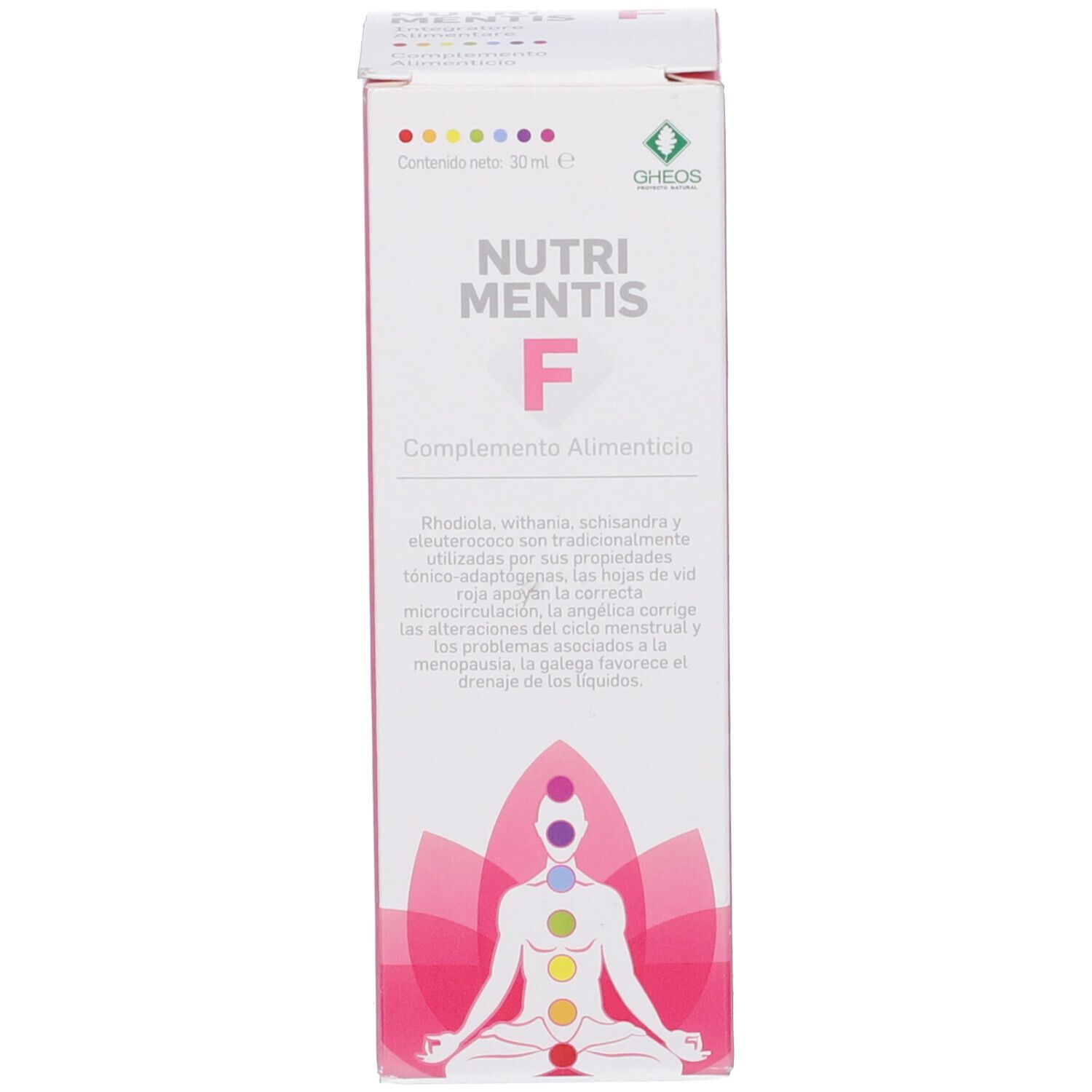 Confezione del prodotto con nome e testo. Illustrazione di una persona con i chakra.