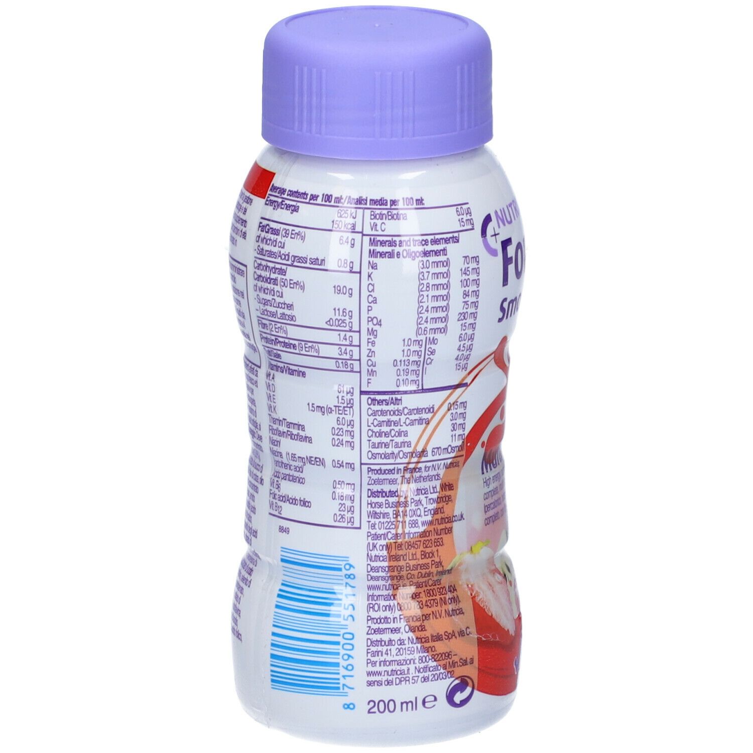 Bottiglia con tappo viola. Retro con informazioni nutrizionali e ingredienti. 200 ml.
