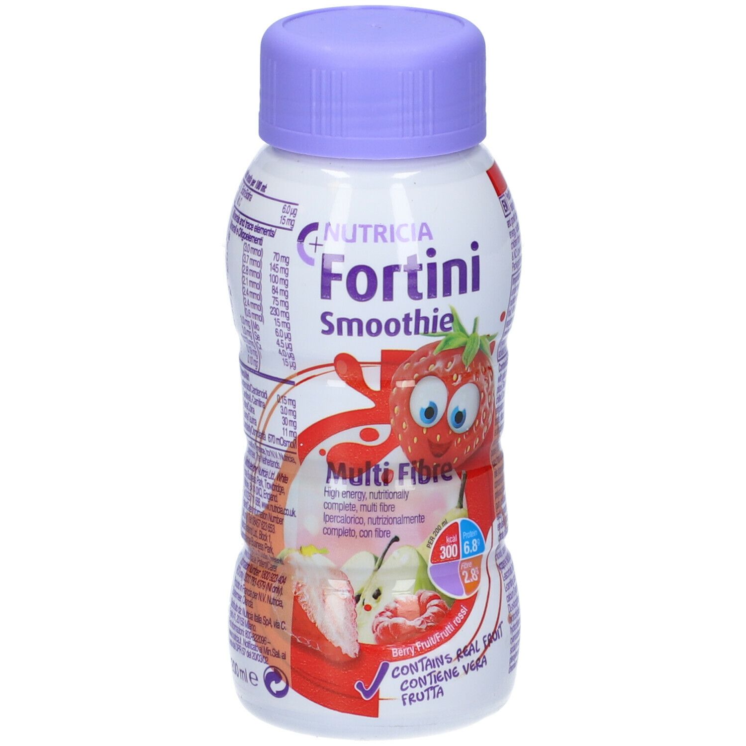 Bottiglia con tappo viola. Scritta: Fortini Smoothie, Multi Fibre, illustrazione di fragola. Contiene vera frutta.