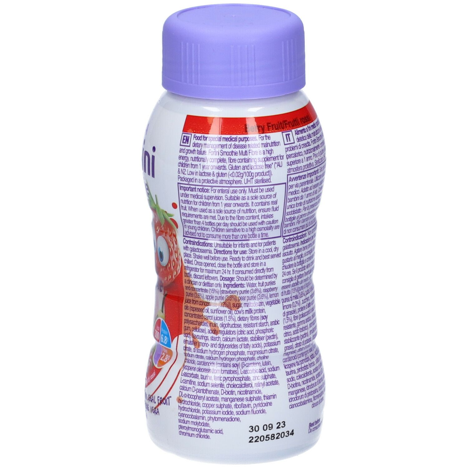 Bottiglia con tappo viola. Retro con istruzioni per l'uso e ingredienti. Data di scadenza.