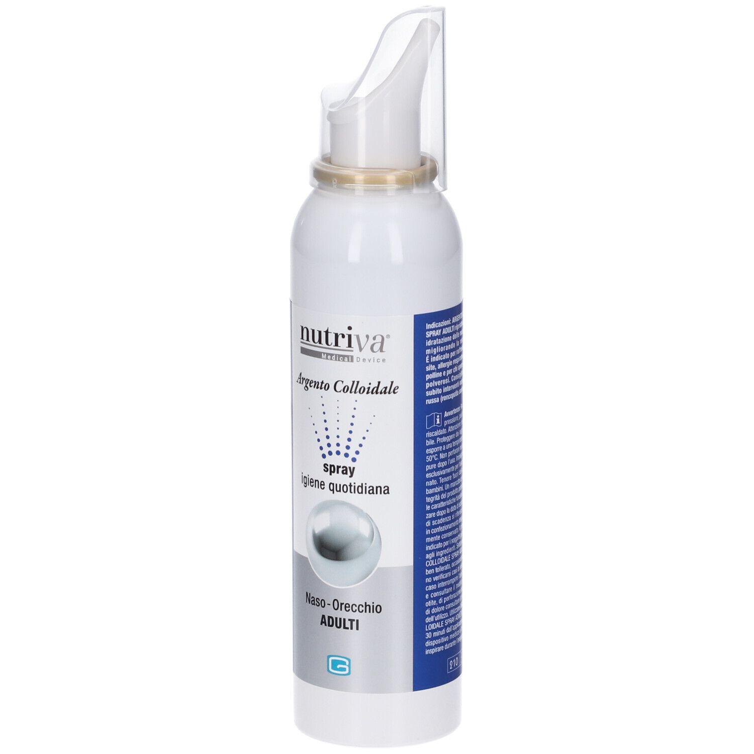Flacone spray bianco con applicatore nasale. Scritta: Argento Colloidale, Spray, Naso-Orecchio ADULTI. Marchio: Nutriva.