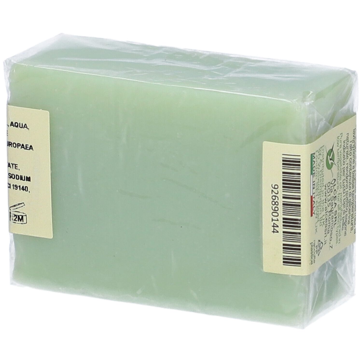 Sapone verde confezionato. Adesivo con codice a barre e testo. Retro del prodotto.