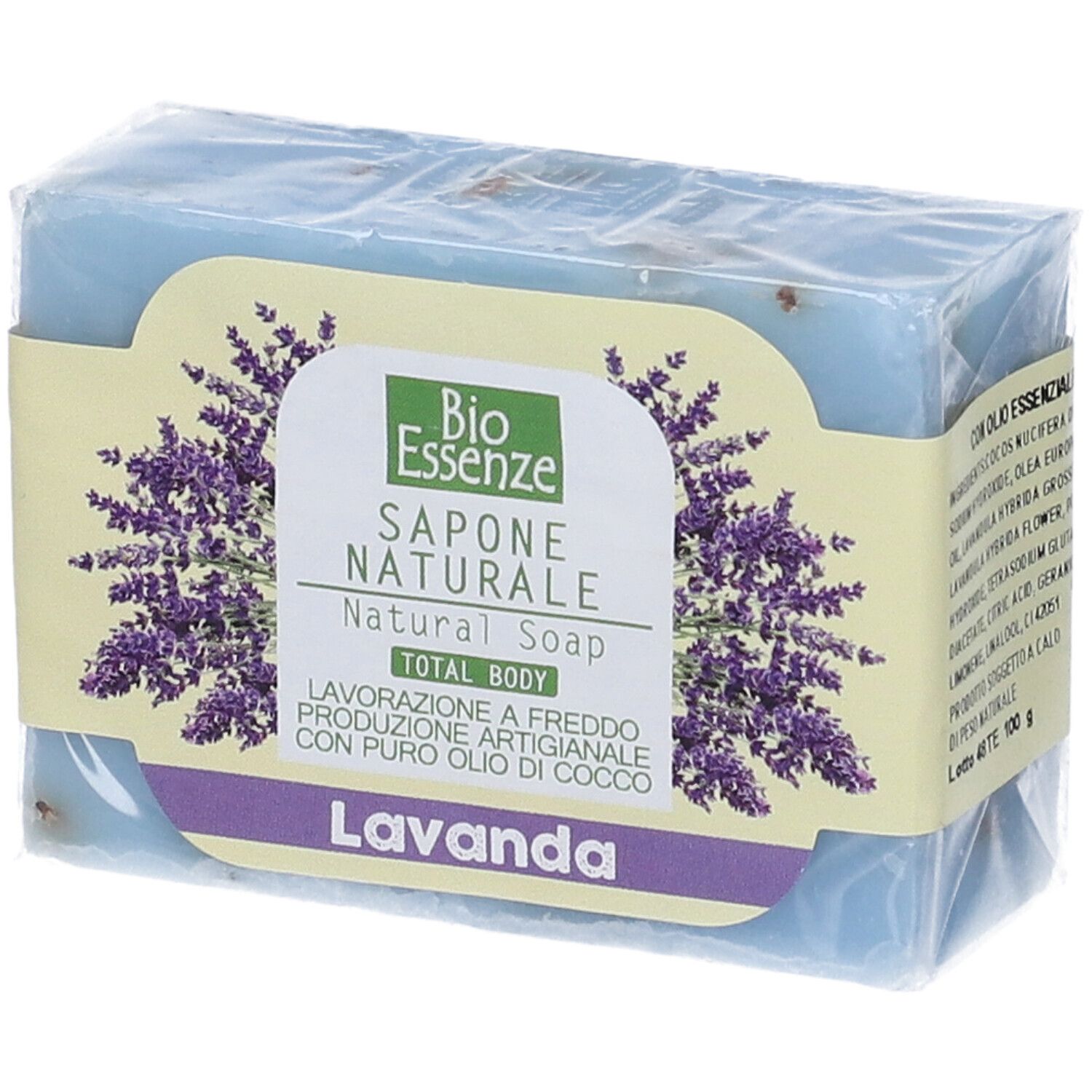 Panetto di sapone blu in confezione. Sulla confezione: Bio Essenze, Lavanda, Sapone Naturale, Total Body. Lavanda.