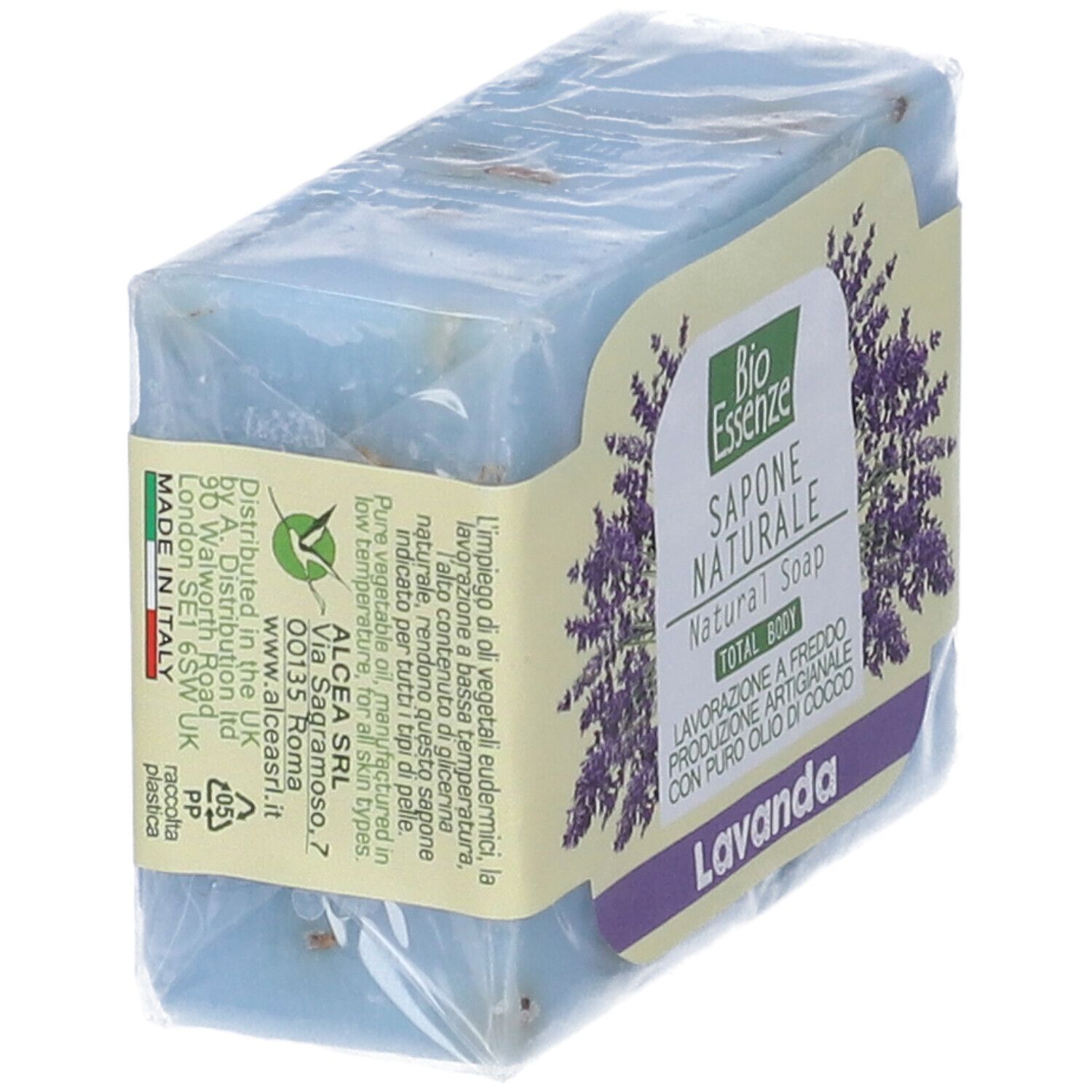 Panetto di sapone blu in confezione. Sulla confezione: Bio Essenze, Lavanda, Sapone Naturale, Total Body. Lavanda.