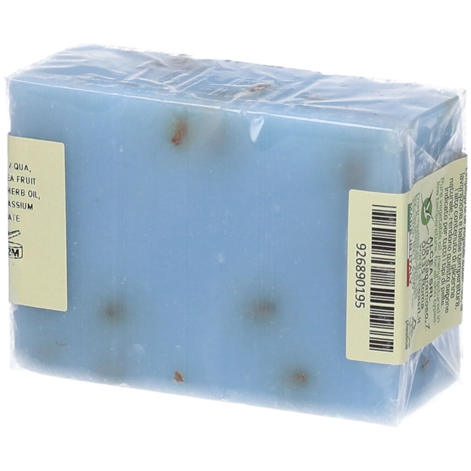 Panetto di sapone blu in confezione. Sulla confezione: Bio Essenze, Lavanda, Sapone Naturale, Total Body. Lavanda.