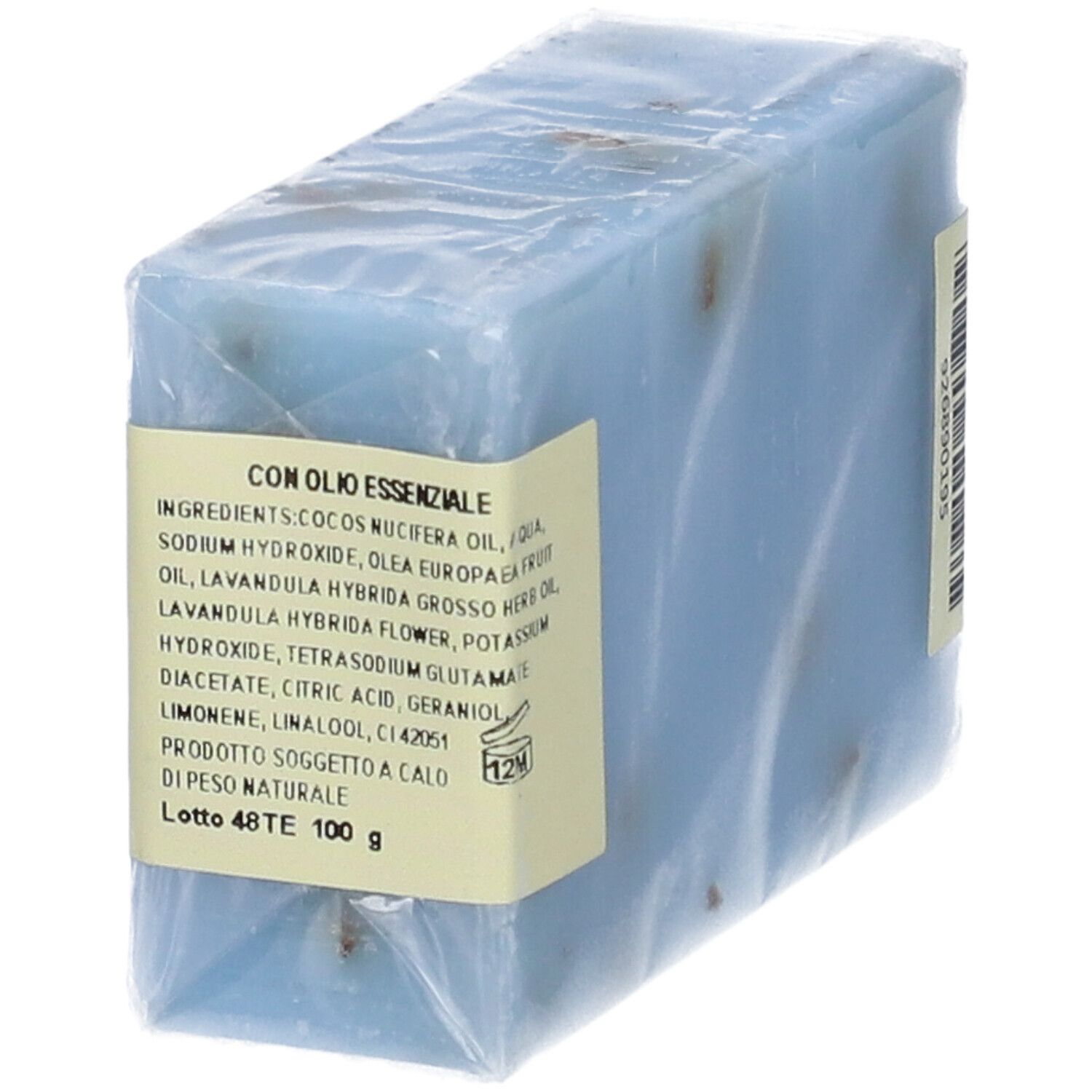 Panetto di sapone blu in confezione. Sulla confezione: Bio Essenze, Lavanda, Sapone Naturale, Total Body. Lavanda.