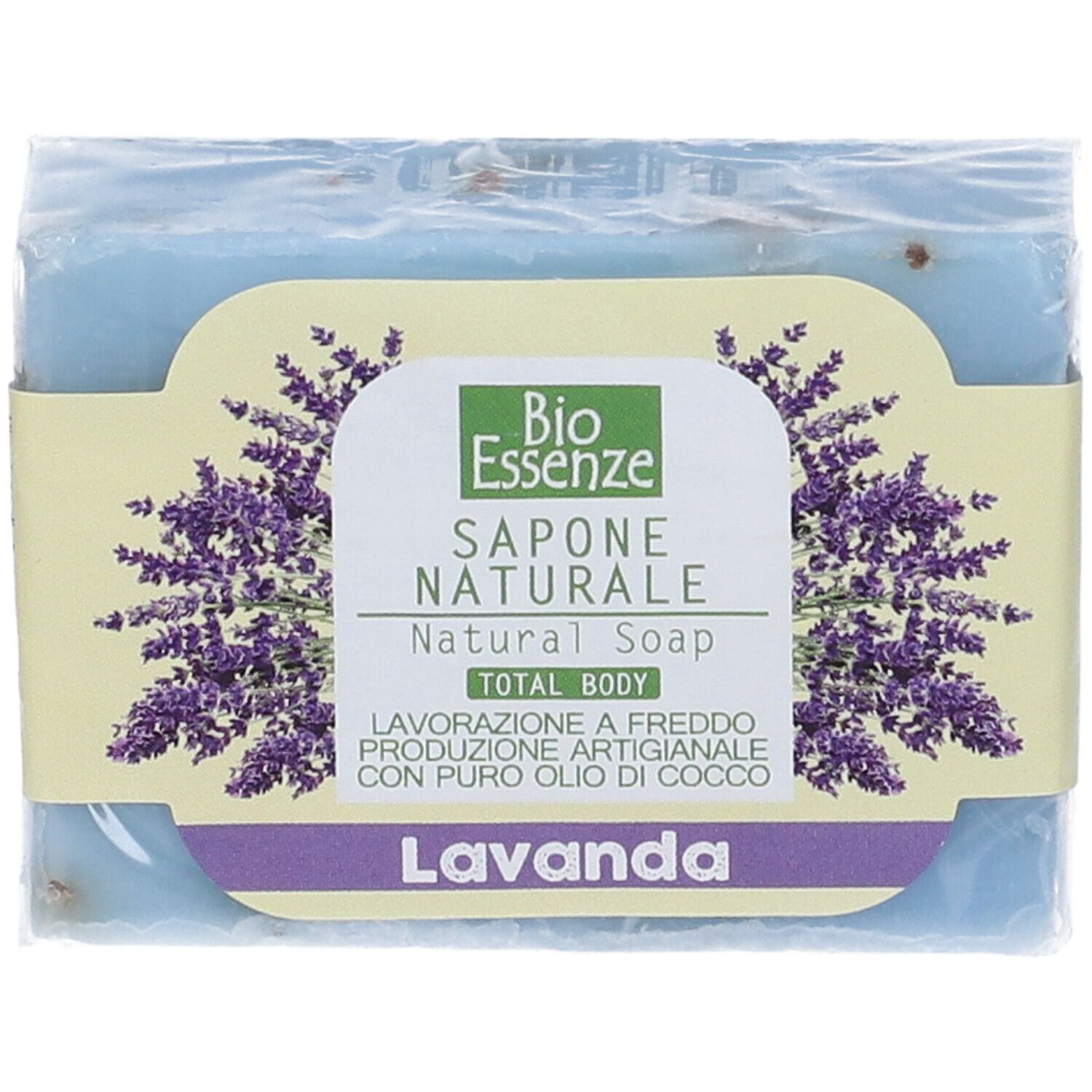 Panetto di sapone blu in confezione. Sulla confezione: Bio Essenze, Lavanda, Sapone Naturale, Total Body. Lavanda.