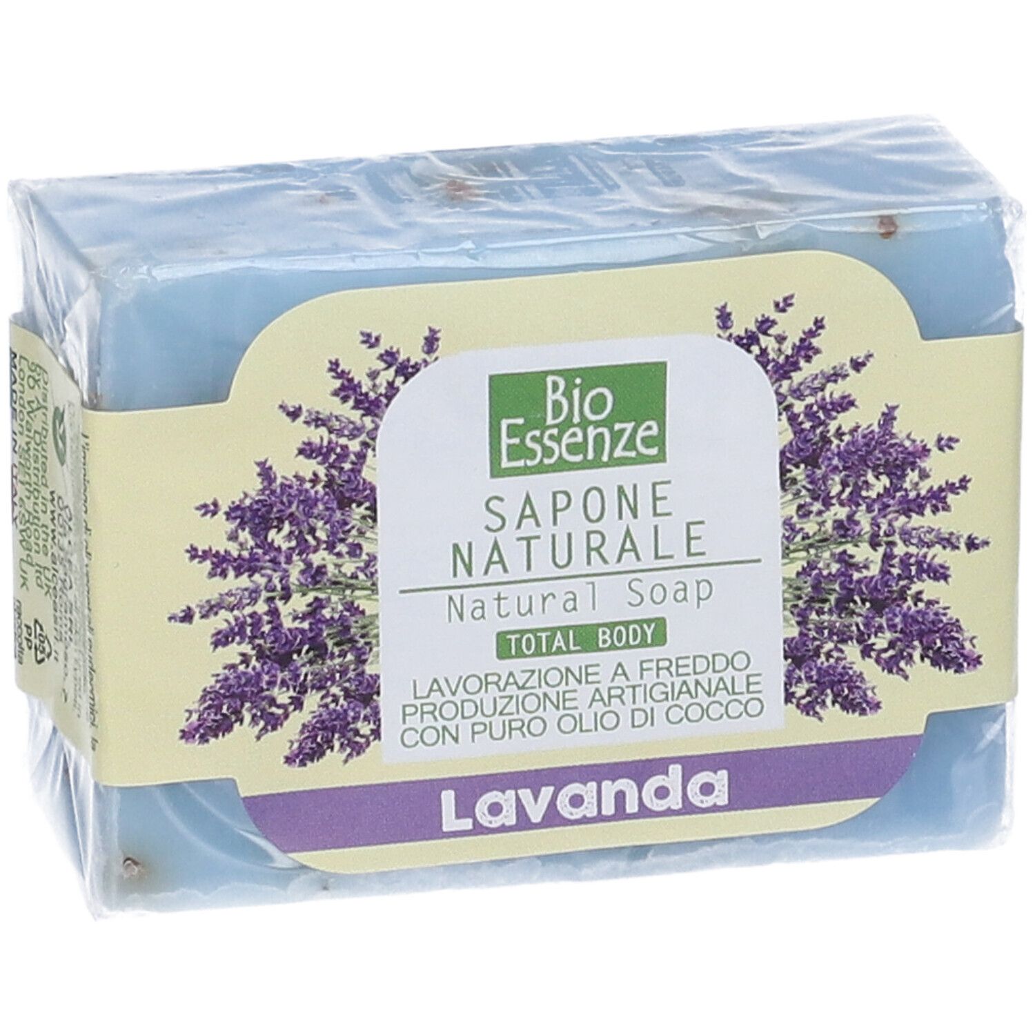 Panetto di sapone blu in confezione. Sulla confezione: Bio Essenze, Lavanda, Sapone Naturale, Total Body. Lavanda.
