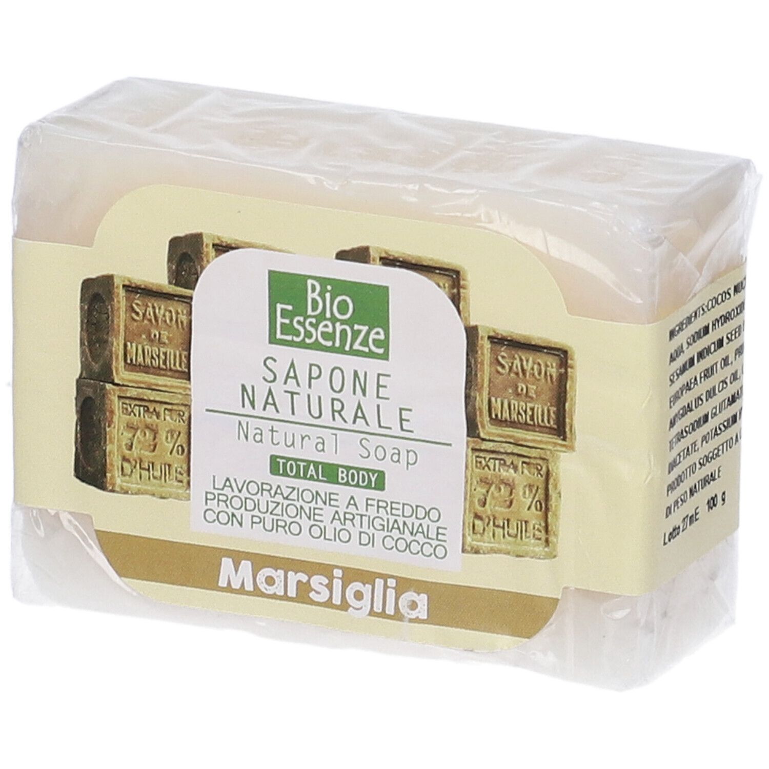 Sapone confezionato. Etichetta con logo e testo: Sapone Naturale, Marsiglia.