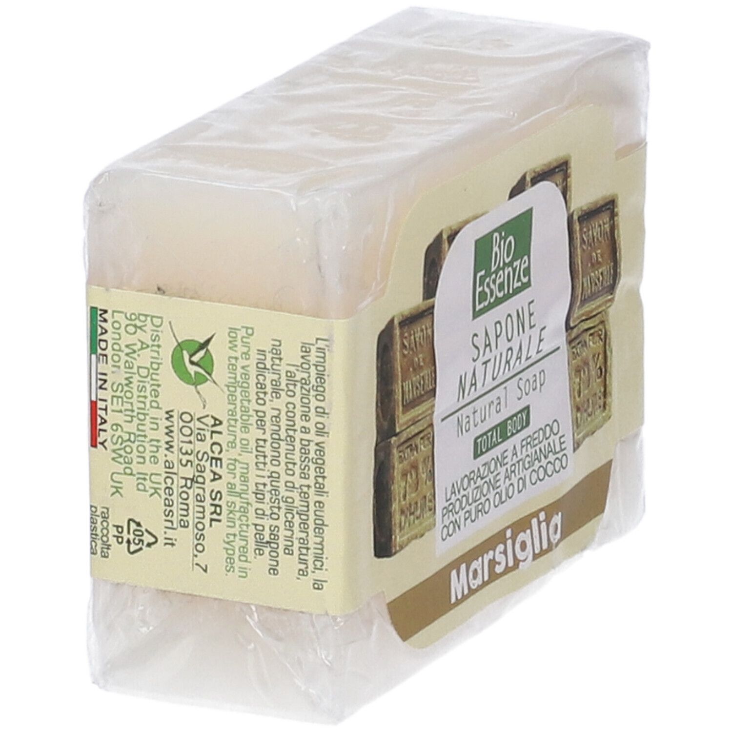 Sapone confezionato. Etichetta con logo e testo: Sapone Naturale, Marsiglia. Made in Italy.
