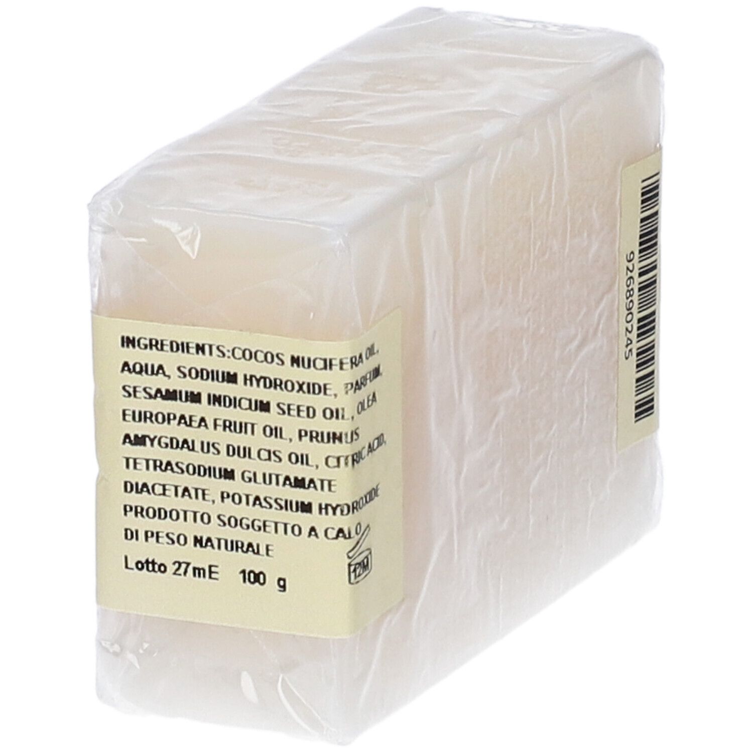 Sapone confezionato. Etichetta con ingredienti e peso.