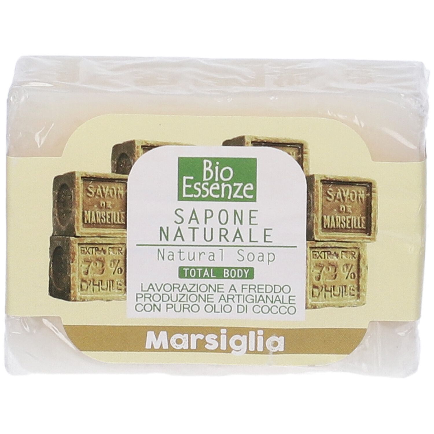 Sapone confezionato. Etichetta con logo e testo: Sapone Naturale, Marsiglia.