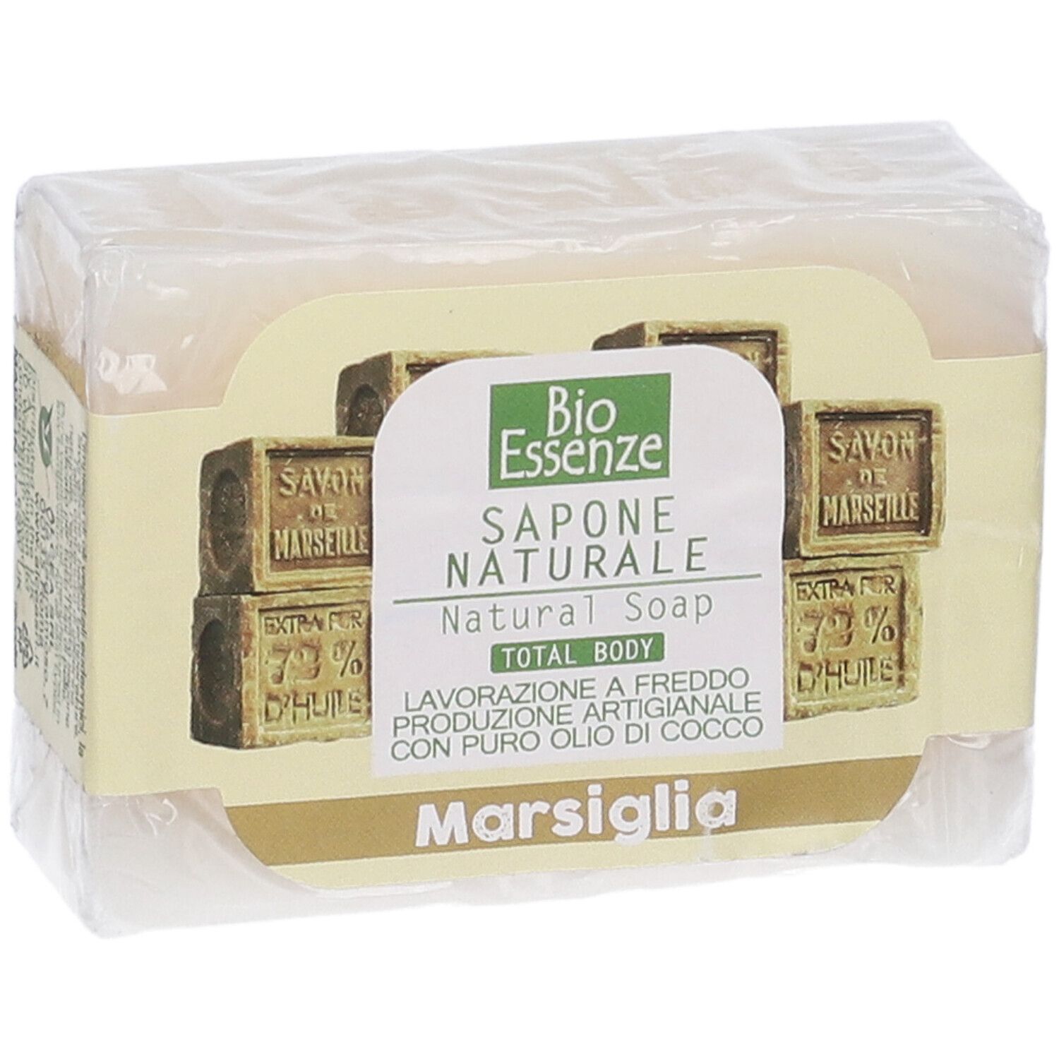 Sapone confezionato. Etichetta con logo e testo: Sapone Naturale, Marsiglia.
