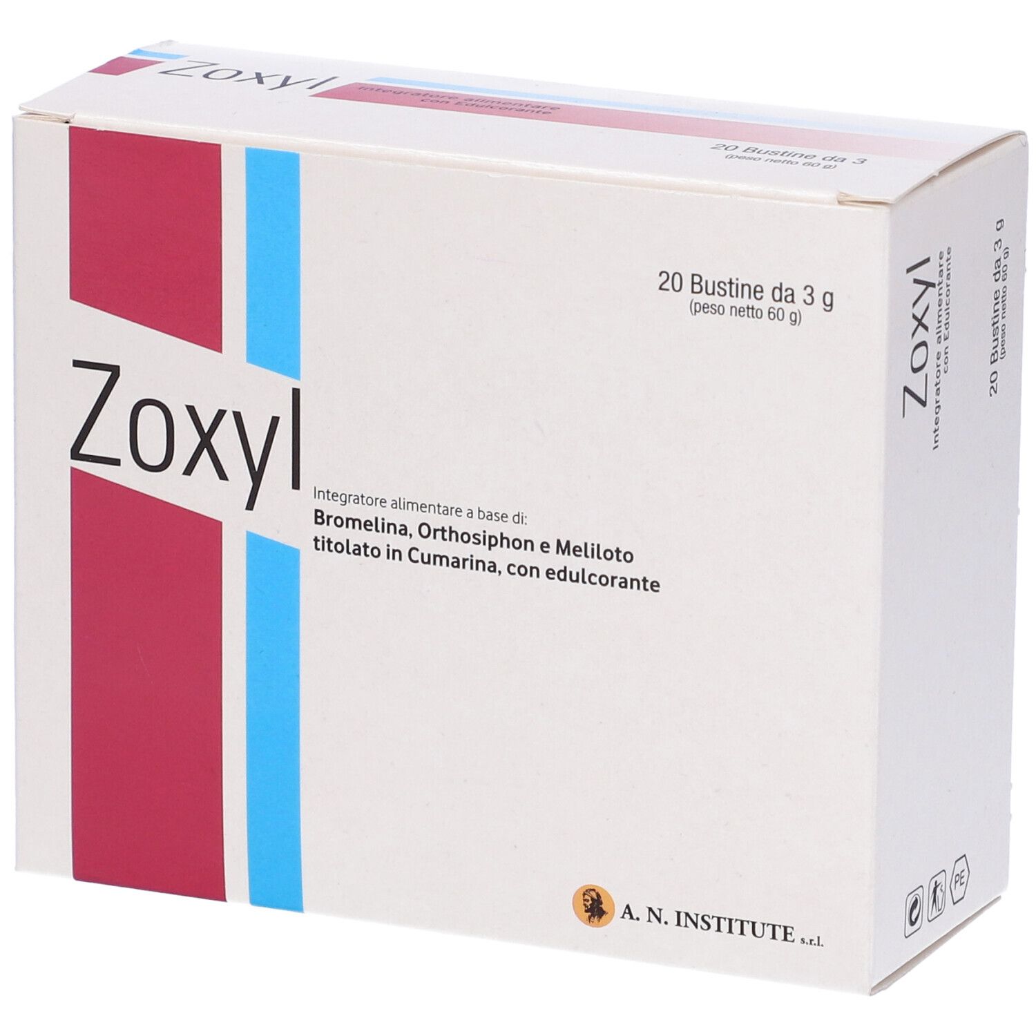 Scatola bianca con grafica rossa e blu. Scritta: Zoxyl, 20 Bustine da 3 g.