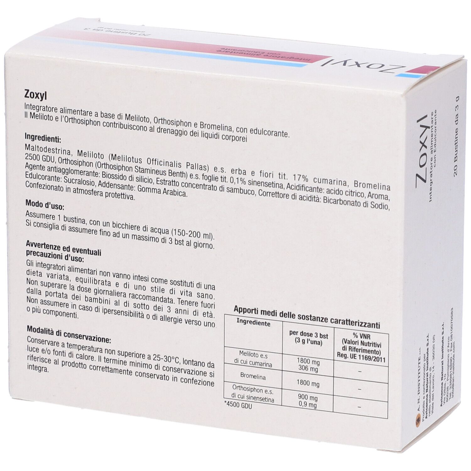 Scatola bianca con testo e informazioni. Scritta: Zoxyl, 20 Bustine da 3 g.