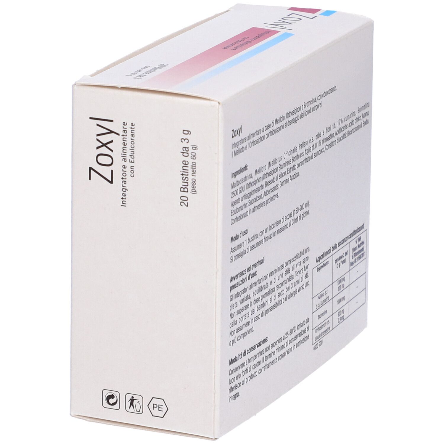 Scatola bianca con testo e informazioni. Scritta: Zoxyl, 20 Bustine da 3 g.