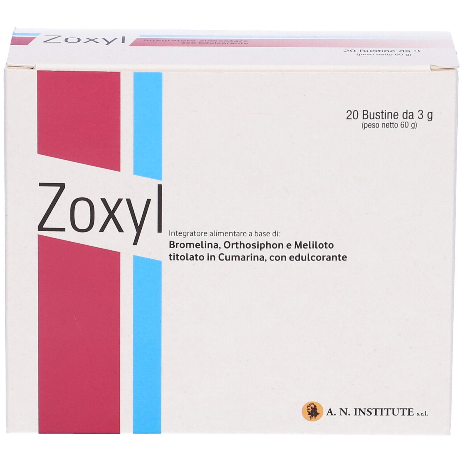 Scatola bianca con grafica rossa e blu. Scritta: Zoxyl, 20 Bustine da 3 g.