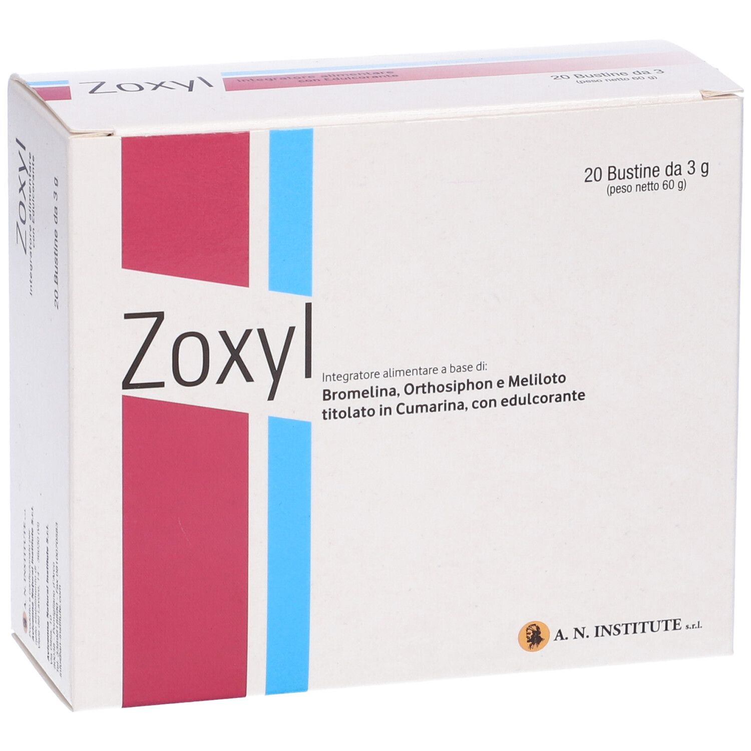 Scatola bianca con grafica rossa e blu. Scritta: Zoxyl, 20 Bustine da 3 g.
