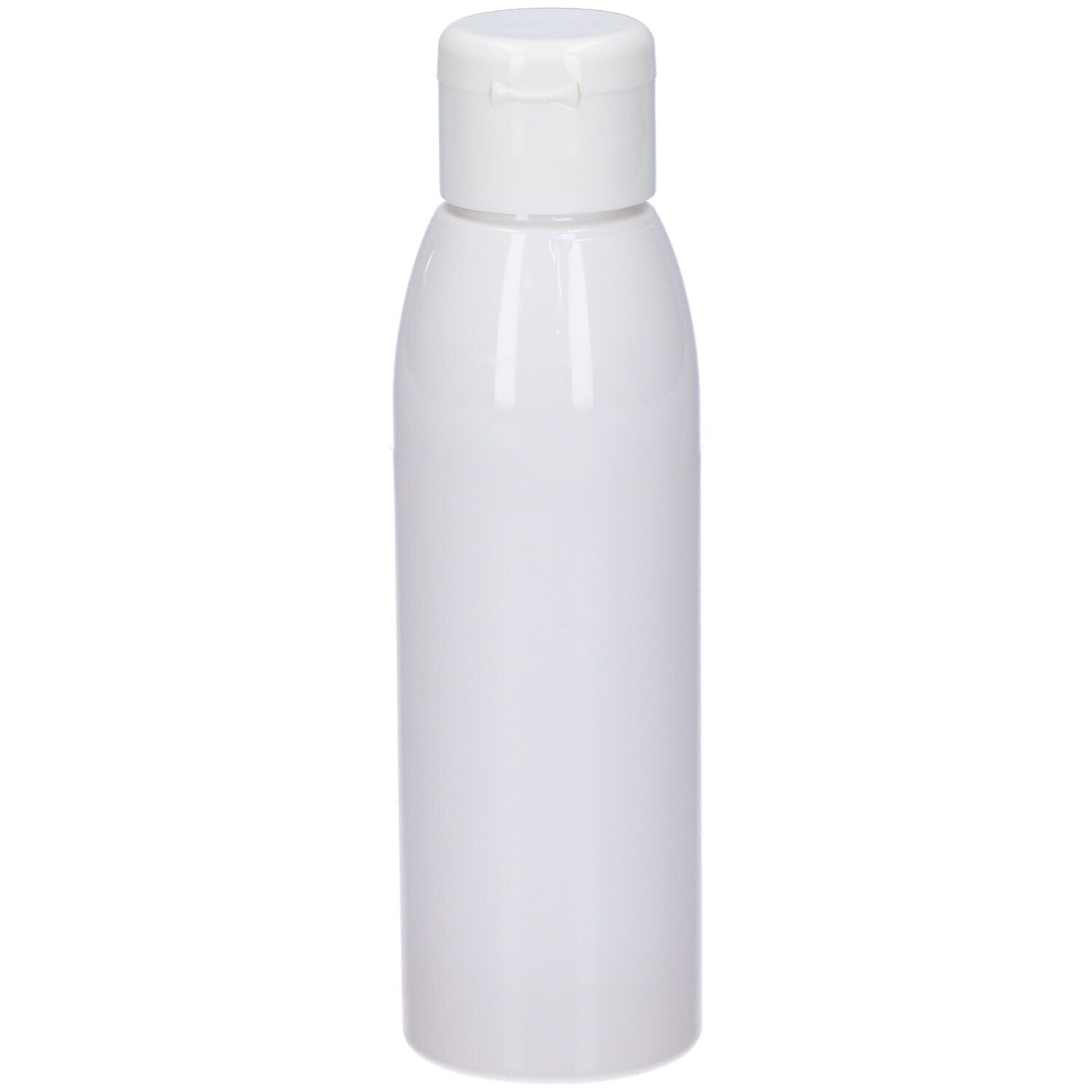 Flacone cilindrico bianco con tappo a ribalta bianco. Superficie liscia. Nessuna scritta visibile.