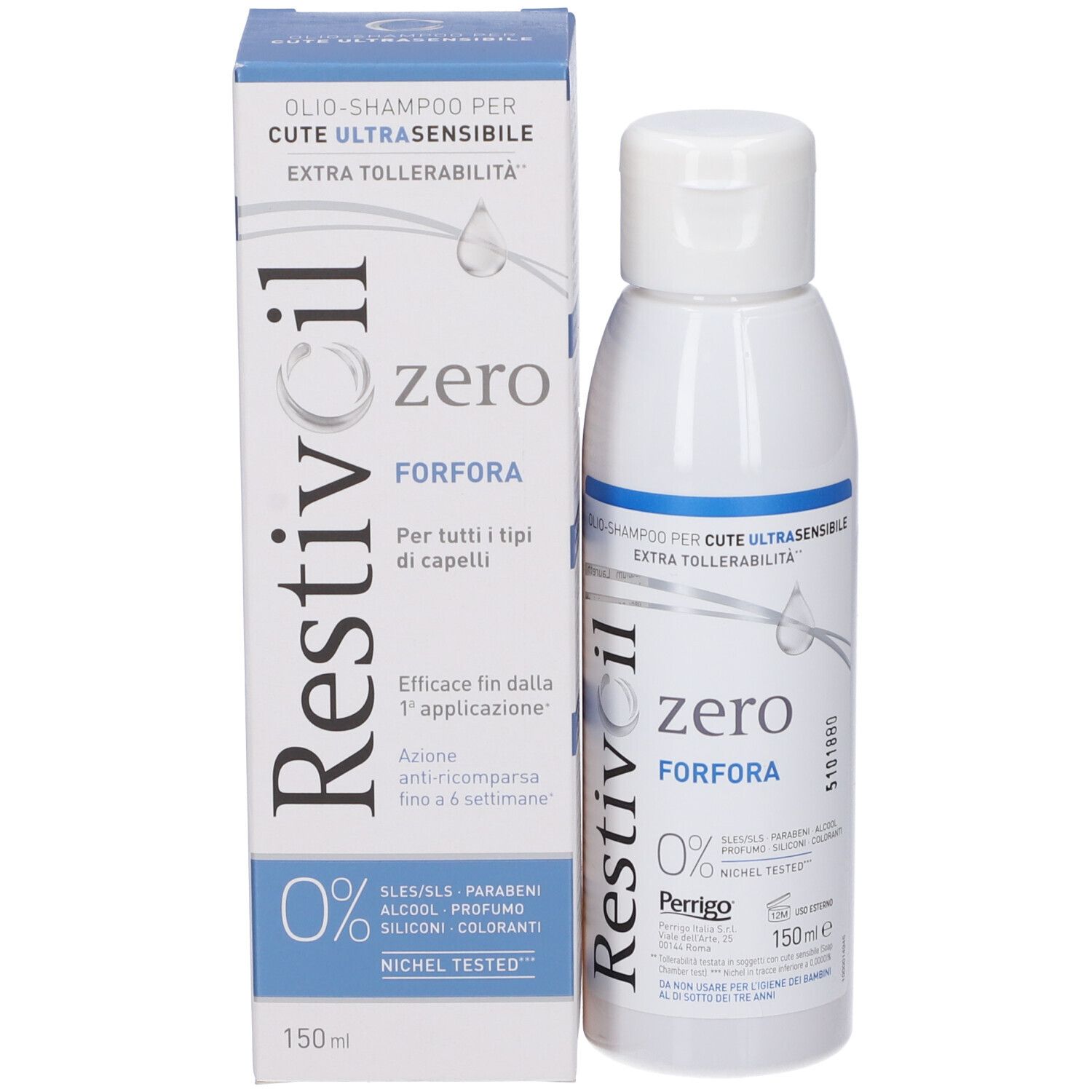 Confezione prodotto con flacone. Scatola e flacone: Restivoil zero FORFORA. Testo: Shampoo per cute ultrasensibile. 0% SLES/SLS, parabeni, alcool, siliconi, coloranti.