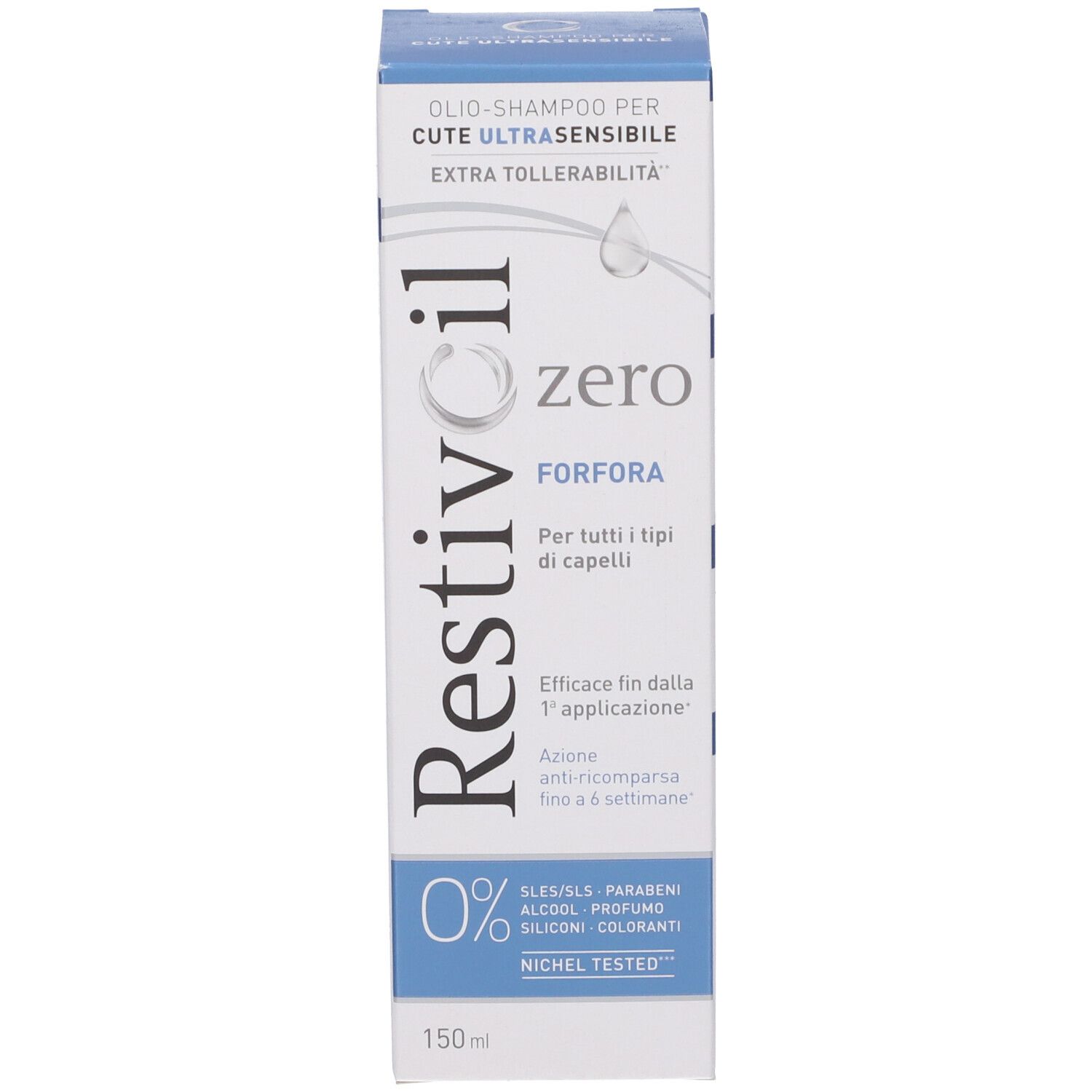 Confezione prodotto. Scatola: Restivoil zero FORFORA. Testo: Shampoo per cute ultrasensibile. 0% SLES/SLS, parabeni, alcool, siliconi, coloranti.