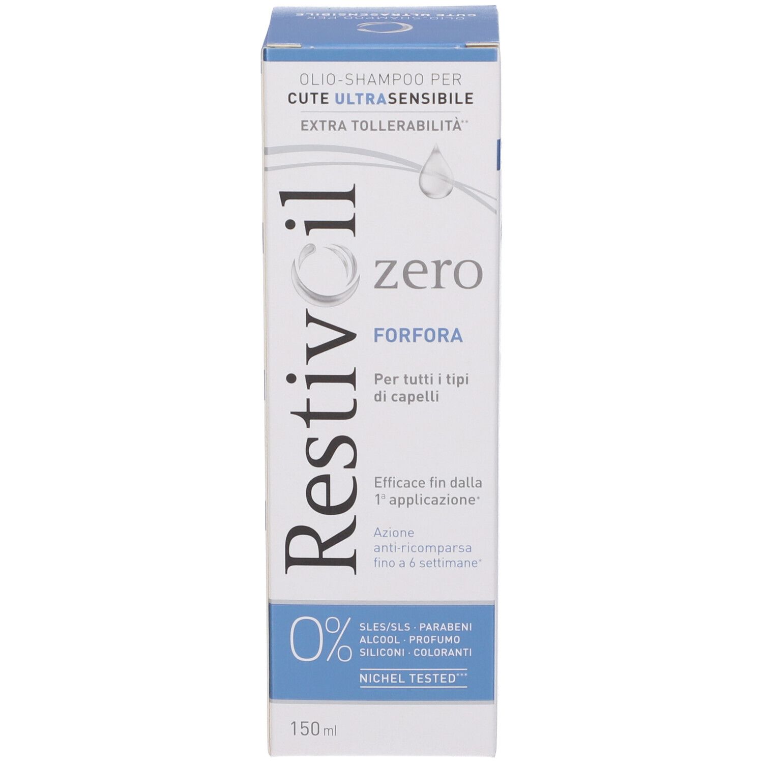 Confezione del prodotto. Testo: Restivoil zero FORFORA. Informazioni sull'uso e sugli ingredienti. 0% SLES/SLS, parabeni, alcool, siliconi, coloranti.