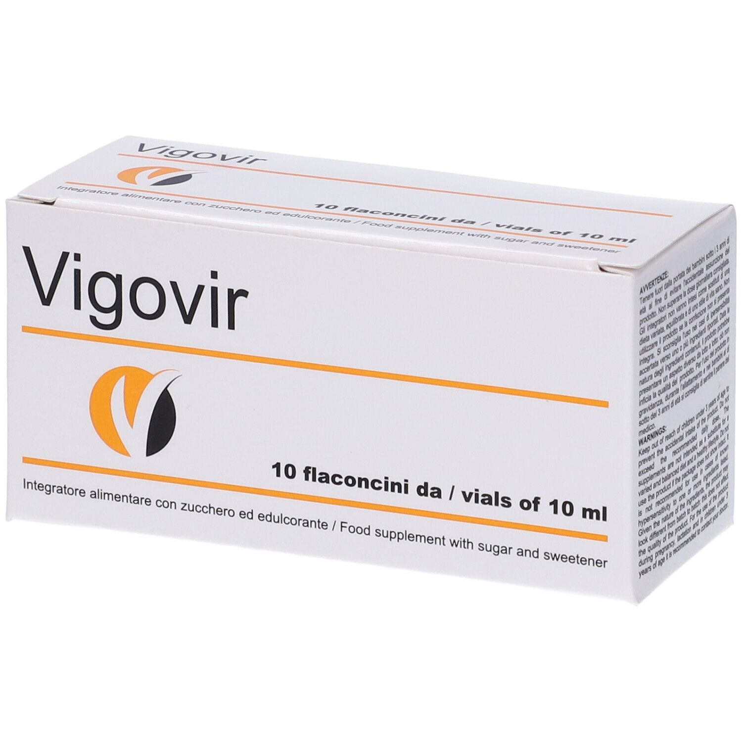 Scatola bianca con logo "Vigovir" e testo. Contiene 10 fiale da 10 ml. Logo arancione.