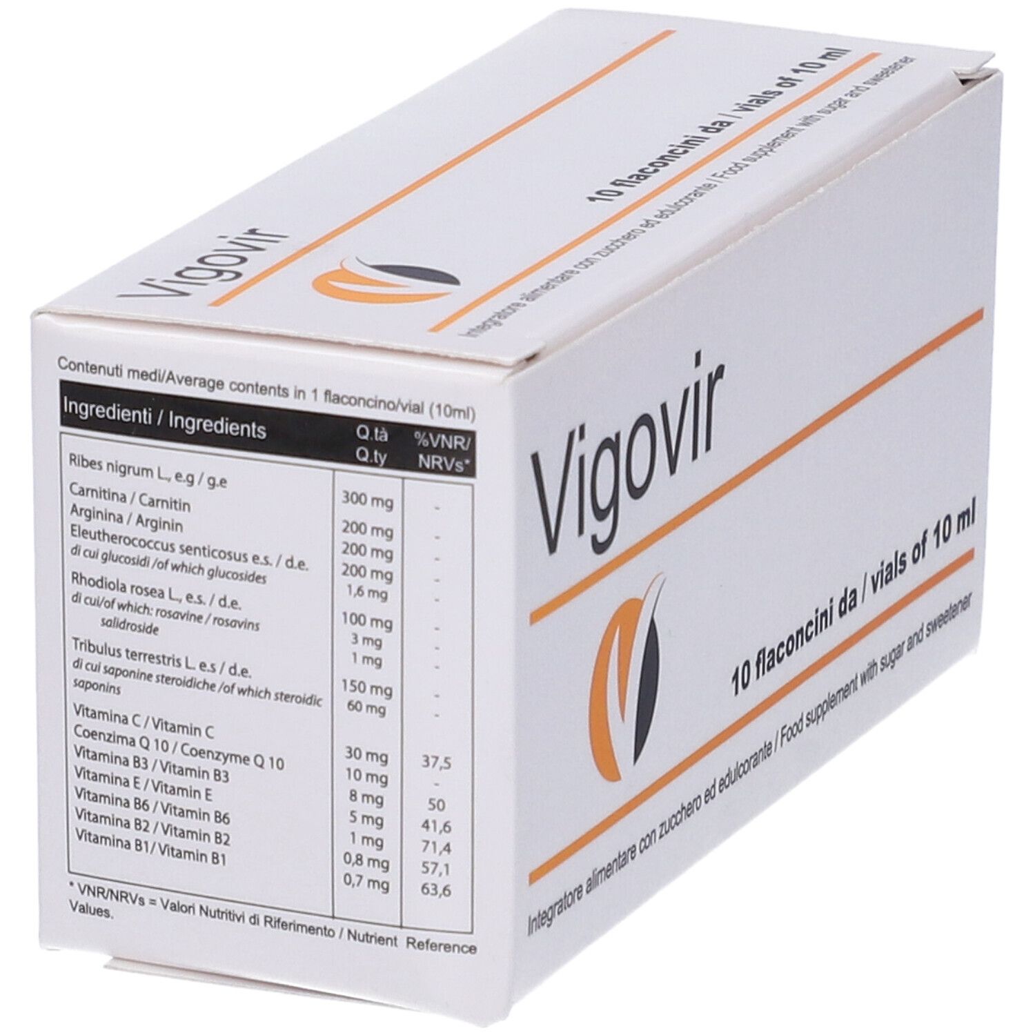 Scatola bianca con logo "Vigovir" e testo. Contiene 10 fiale da 10 ml. Ingredienti e valori nutrizionali.
