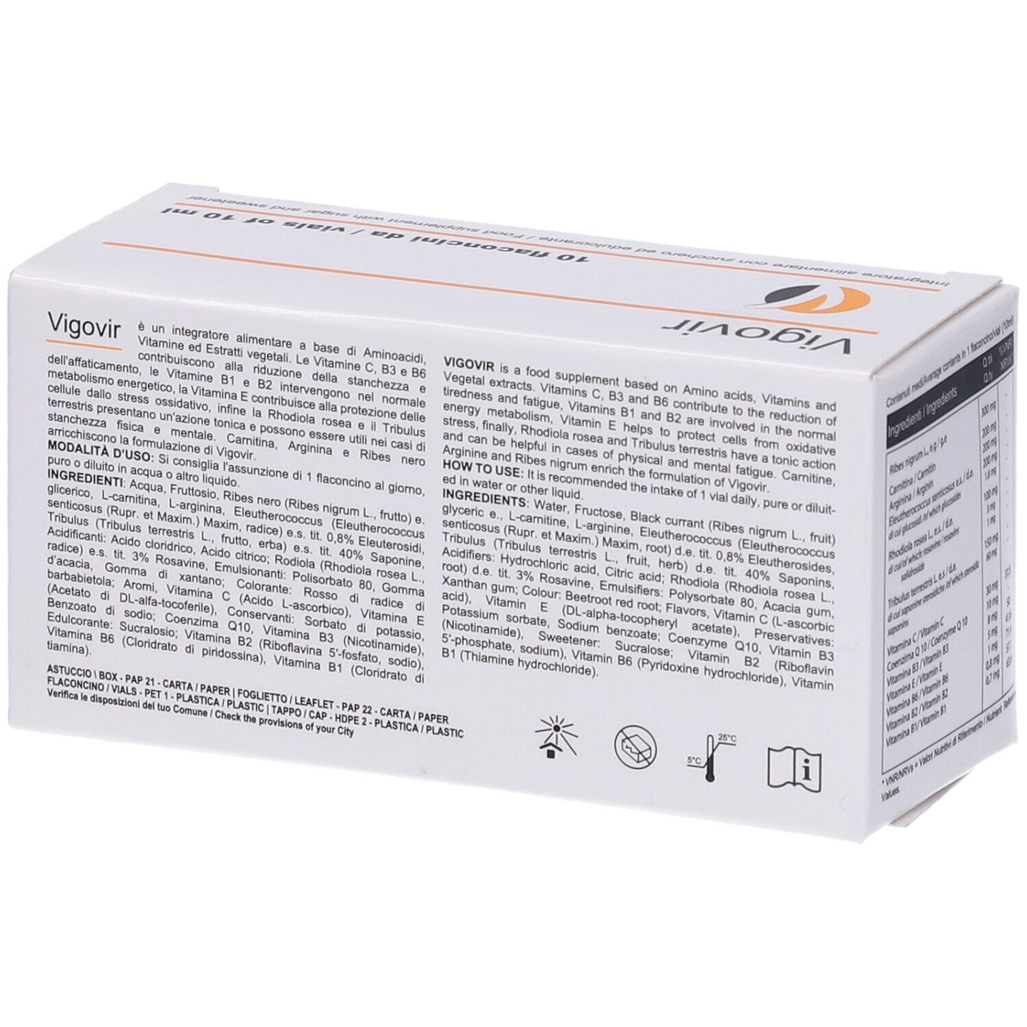 Scatola bianca con logo "Vigovir" e testo. Contiene 10 fiale da 10 ml. Testo su ingredienti e utilizzo.