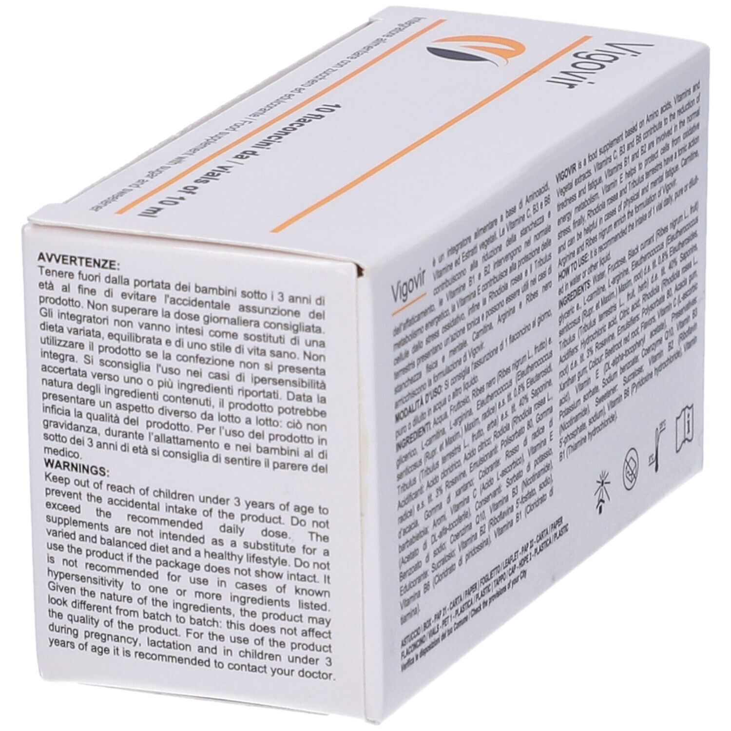 Scatola bianca con logo "Vigovir" e testo. Contiene 10 fiale da 10 ml. Avvertenze e precauzioni.