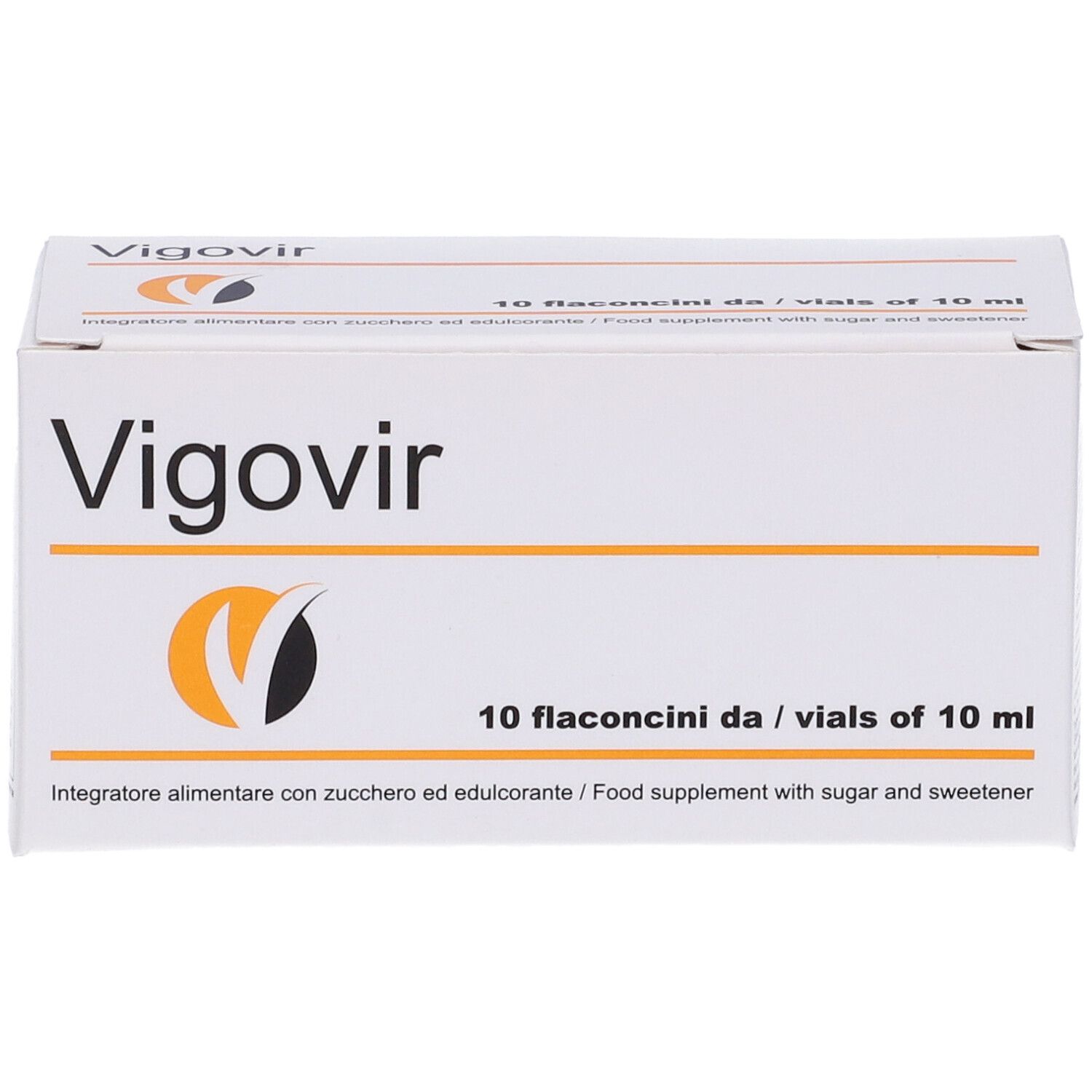 Scatola bianca con logo "Vigovir" e testo. Contiene 10 fiale da 10 ml. Logo arancione.