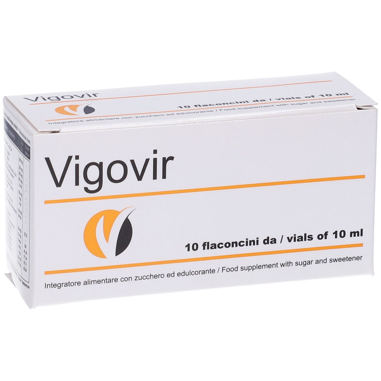 Scatola bianca con logo "Vigovir" e testo. Contiene 10 fiale da 10 ml. Logo arancione.