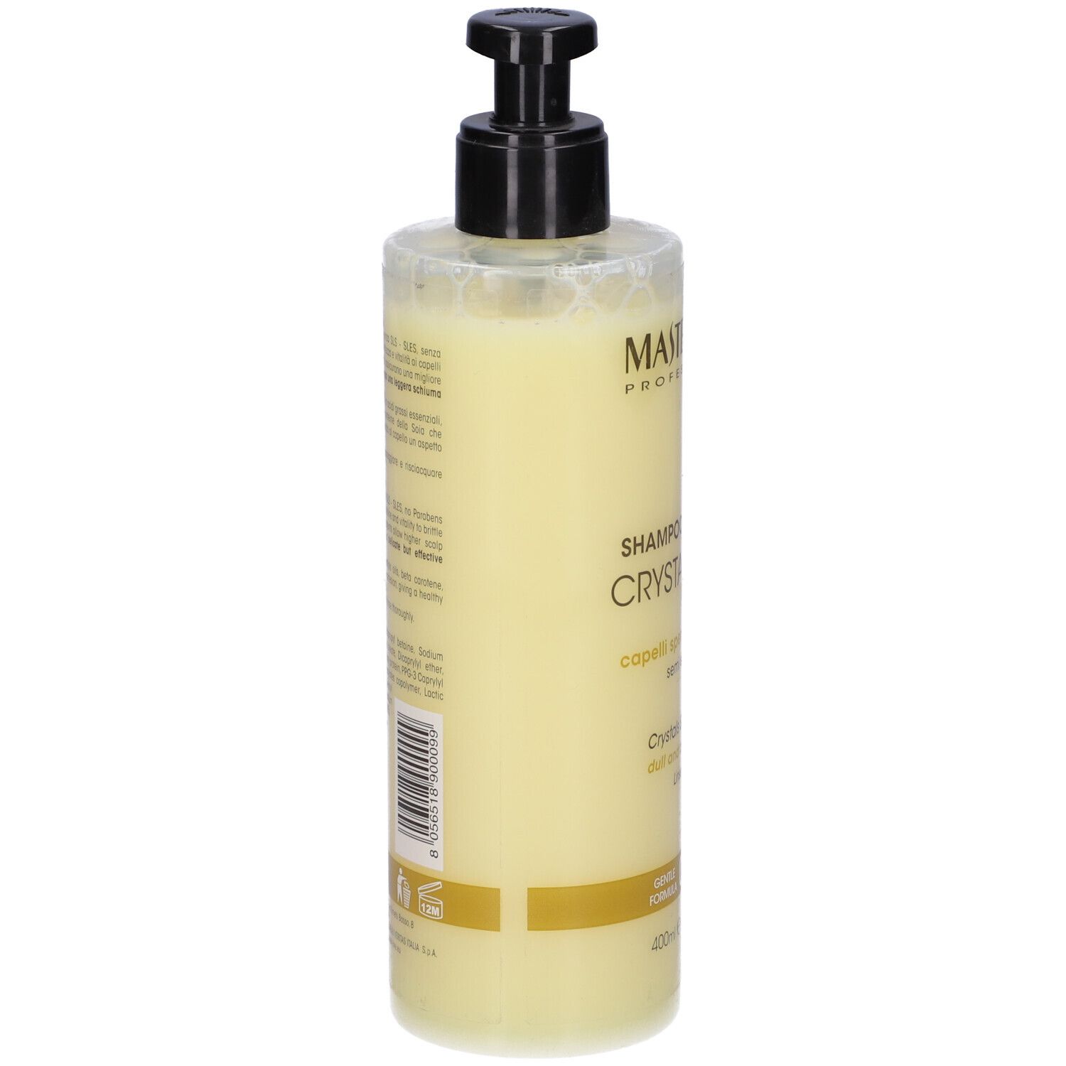 Retro del flacone di shampoo. Testo e codice a barre. Scritta: MASTERLINE PROFESSIONAL, CRYSTAL SHINE, 400ml.