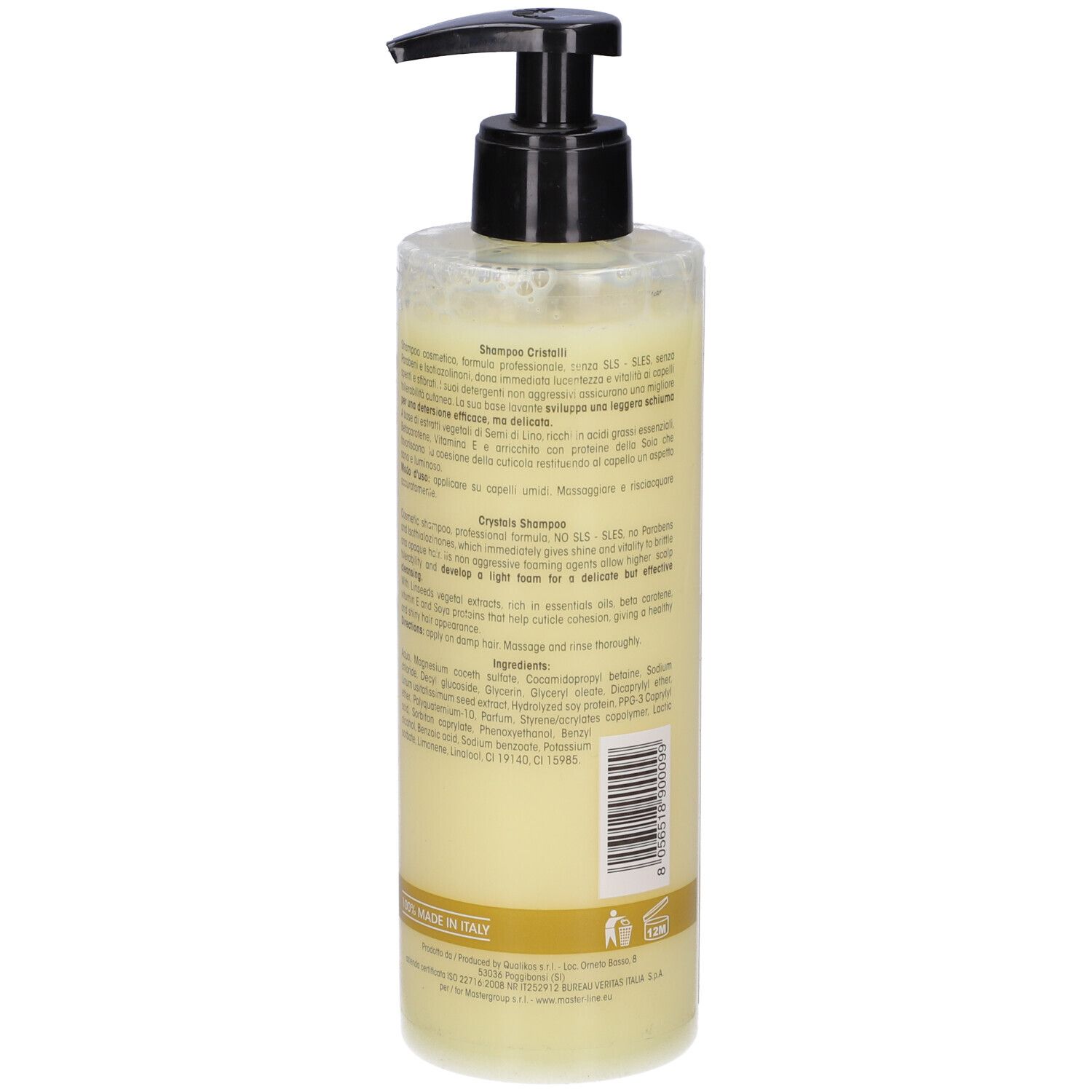 Retro del flacone di shampoo. Testo e codice a barre. Scritta: MASTERLINE PROFESSIONAL, CRYSTAL SHINE, 400ml.