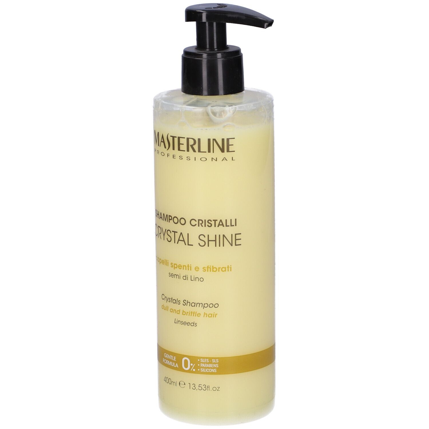 Flacone di shampoo con dosatore nero. Scritta: MASTERLINE PROFESSIONAL, CRYSTAL SHINE, 400ml.