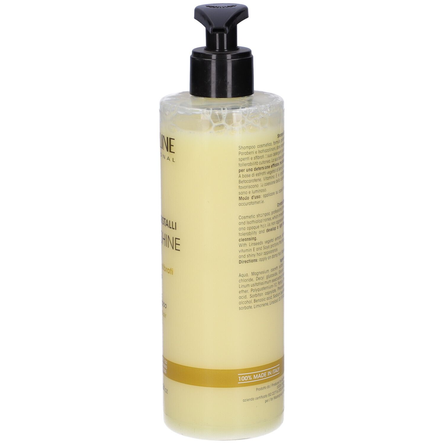 Retro del flacone di shampoo. Testo e codice a barre. Scritta: MASTERLINE PROFESSIONAL, CRYSTAL SHINE, 400ml.