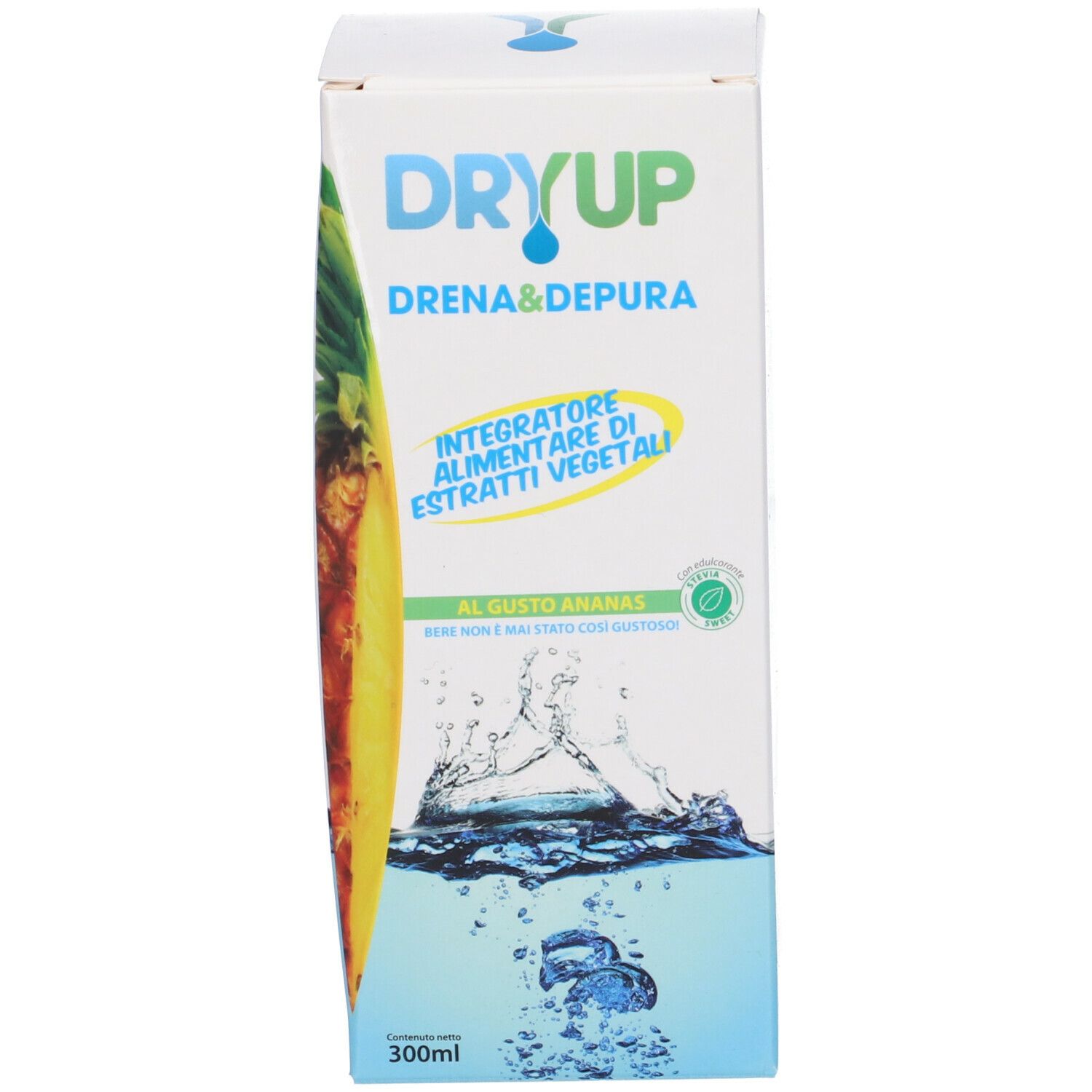 Confezione di Dryup. Scritta: Dryup Drena & Depura. 300ml. Al gusto ananas. Elementi gialli e blu.