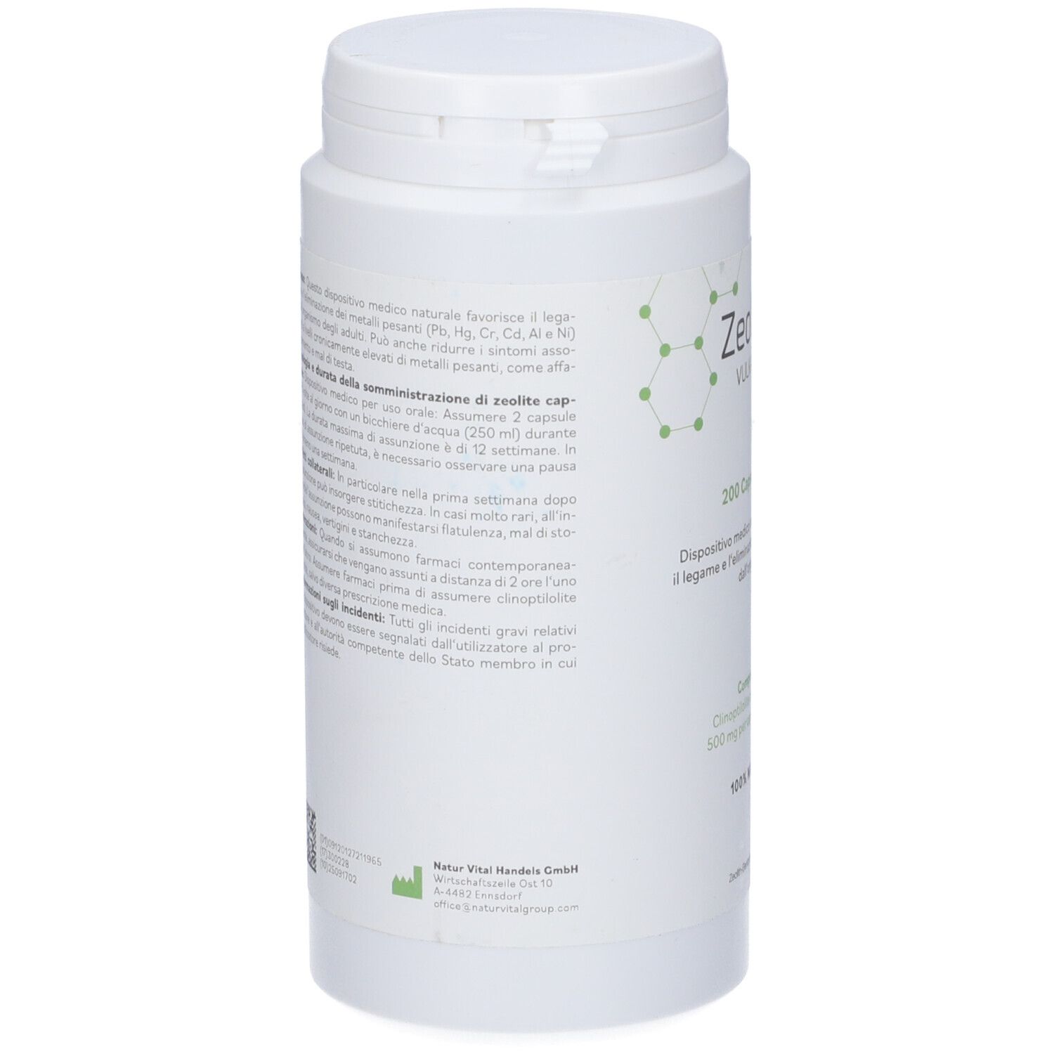 Flacone bianco, retro con testo. Sezioni di testo in italiano. Codice QR e logo.