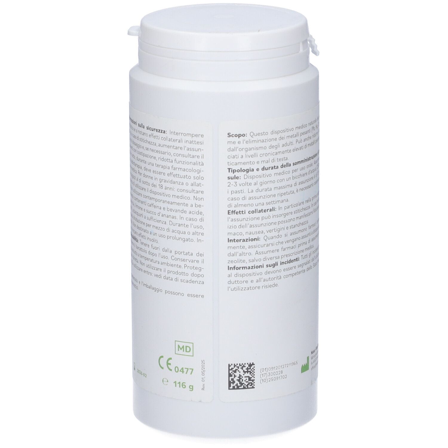 Flacone bianco, retro con testo. Sezioni di testo in italiano. Marchio CE e peso.