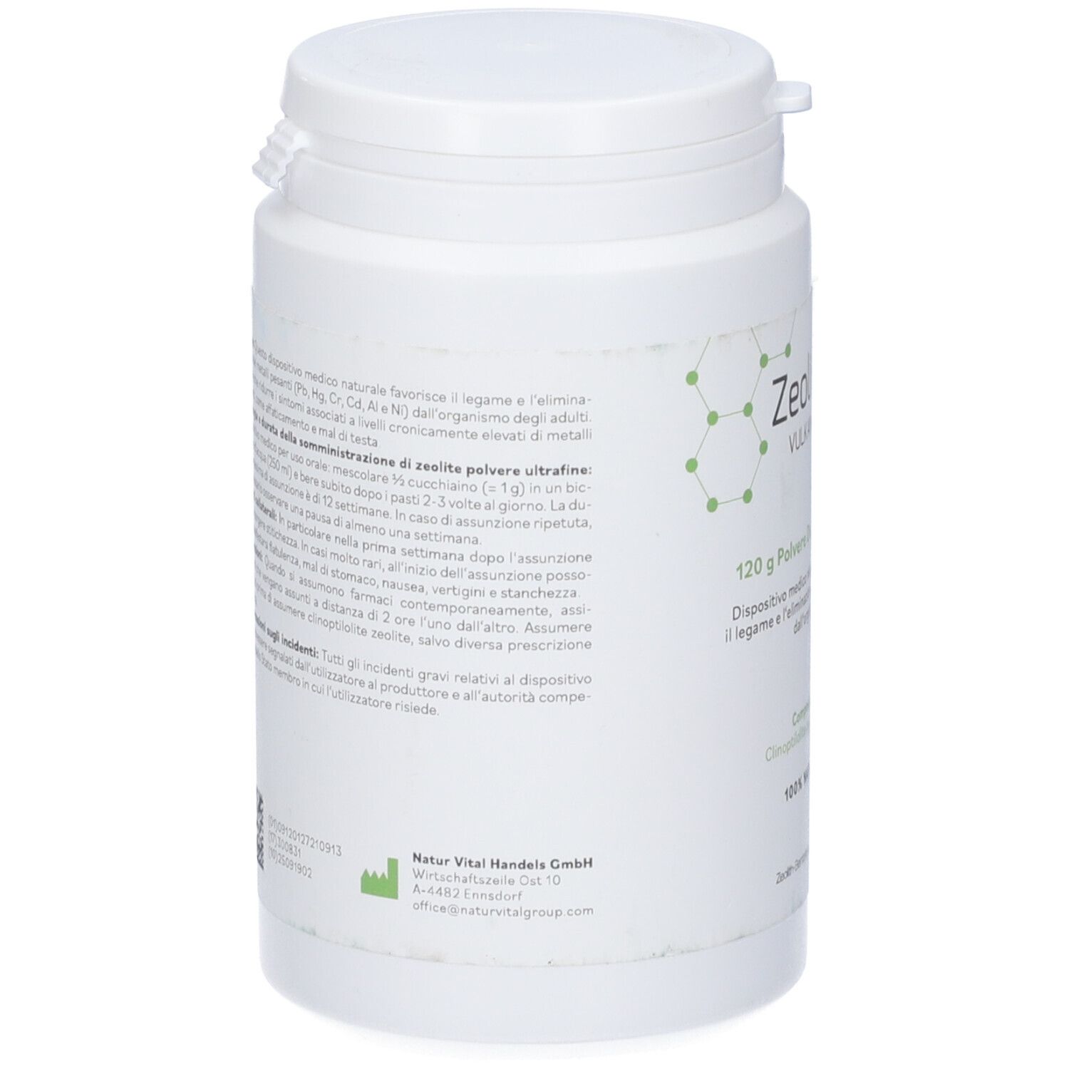 Barattolo bianco, retro con testo. ZeolithMED, 120g polvere. Natur Vital Handels GmbH. Testo in italiano.