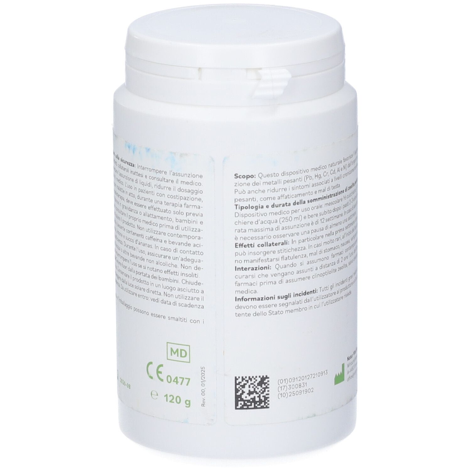 Barattolo bianco, retro con testo e marchio CE. Contiene 120g. Testo in italiano.