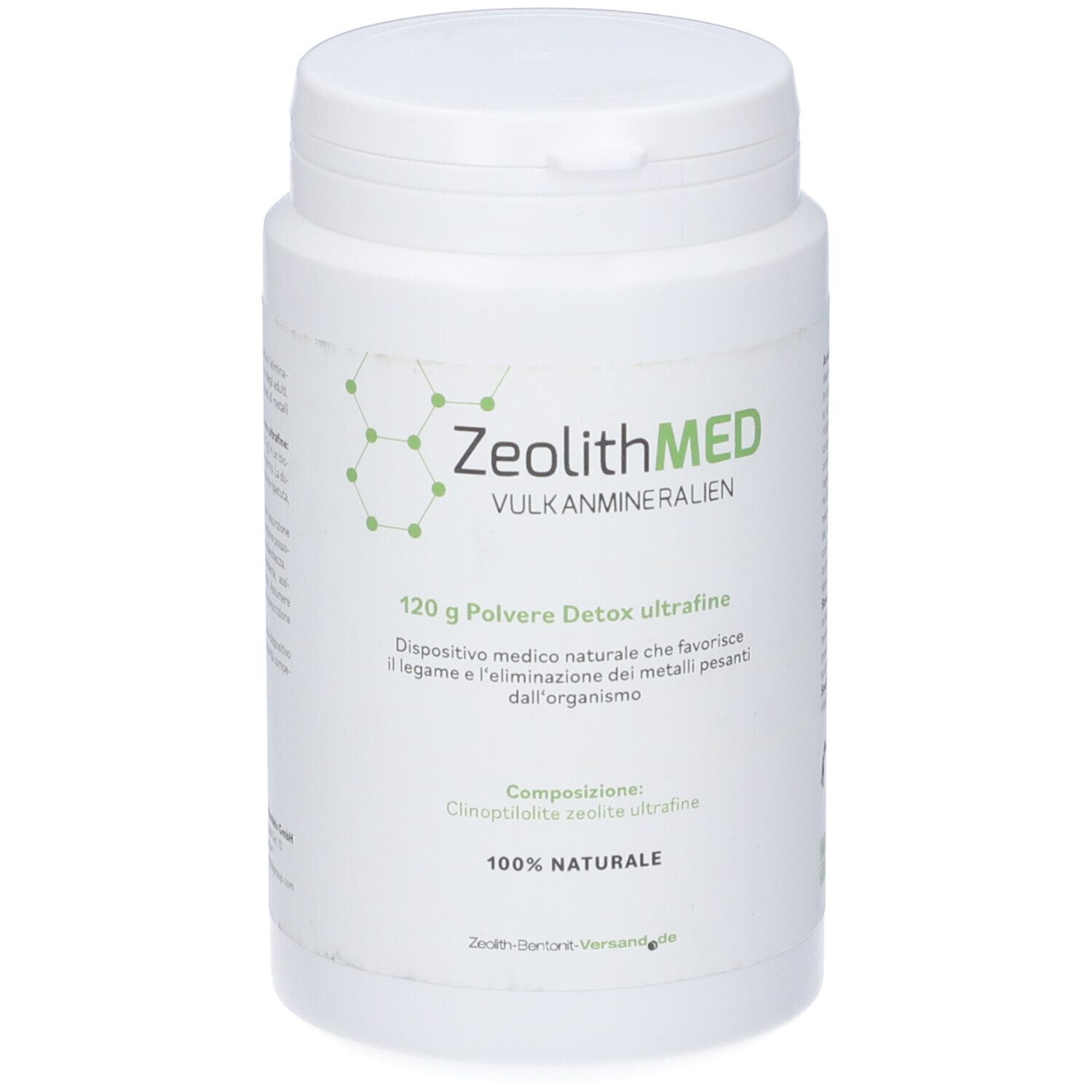 Barattolo bianco con logo ZeolithMED e nome del prodotto. Contiene 120g di polvere detox. Scritta: 100% naturale.