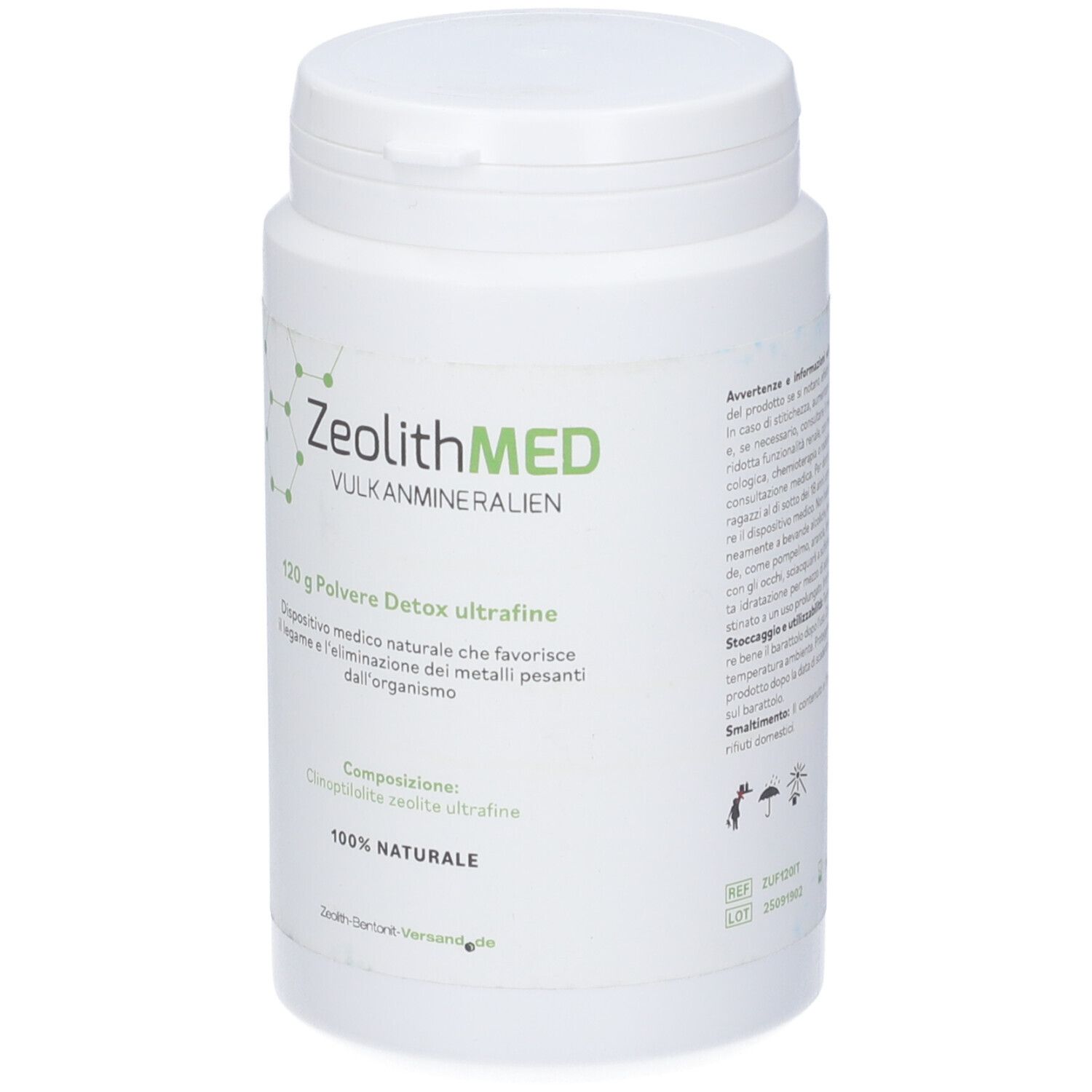 Barattolo bianco con logo ZeolithMED e nome del prodotto. Contiene 120g di polvere detox. Testo in italiano.