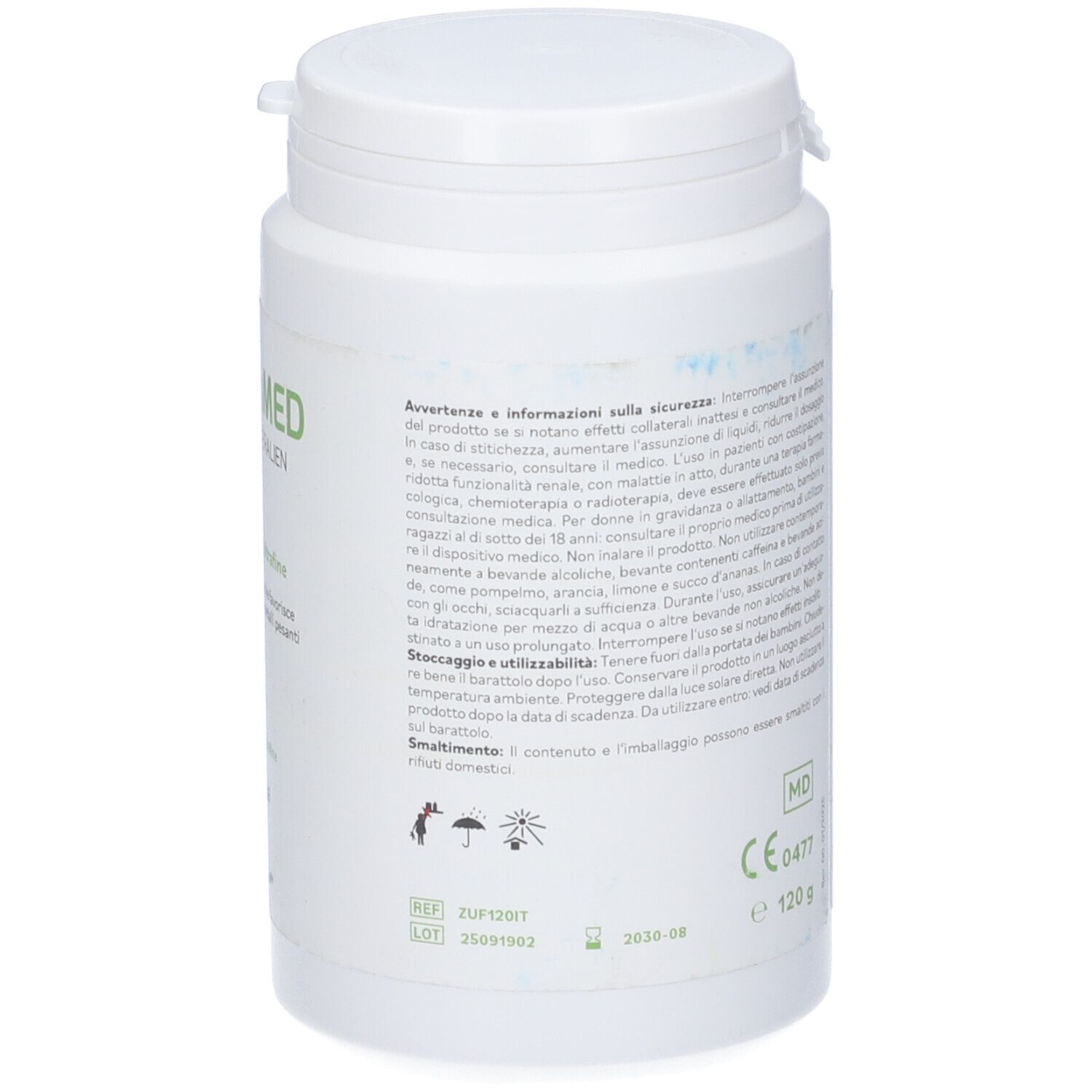 Barattolo bianco, retro con testo e marchio CE. Contiene 120g. Testo in italiano.