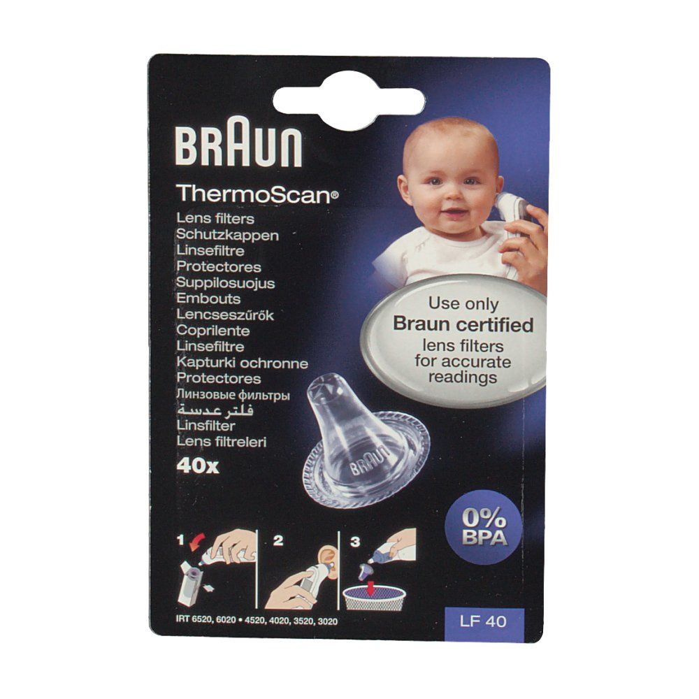 Confezione filtri per Braun ThermoScan®. Contiene 40 filtri. Imballaggio con illustrazione di bambino e informazioni.