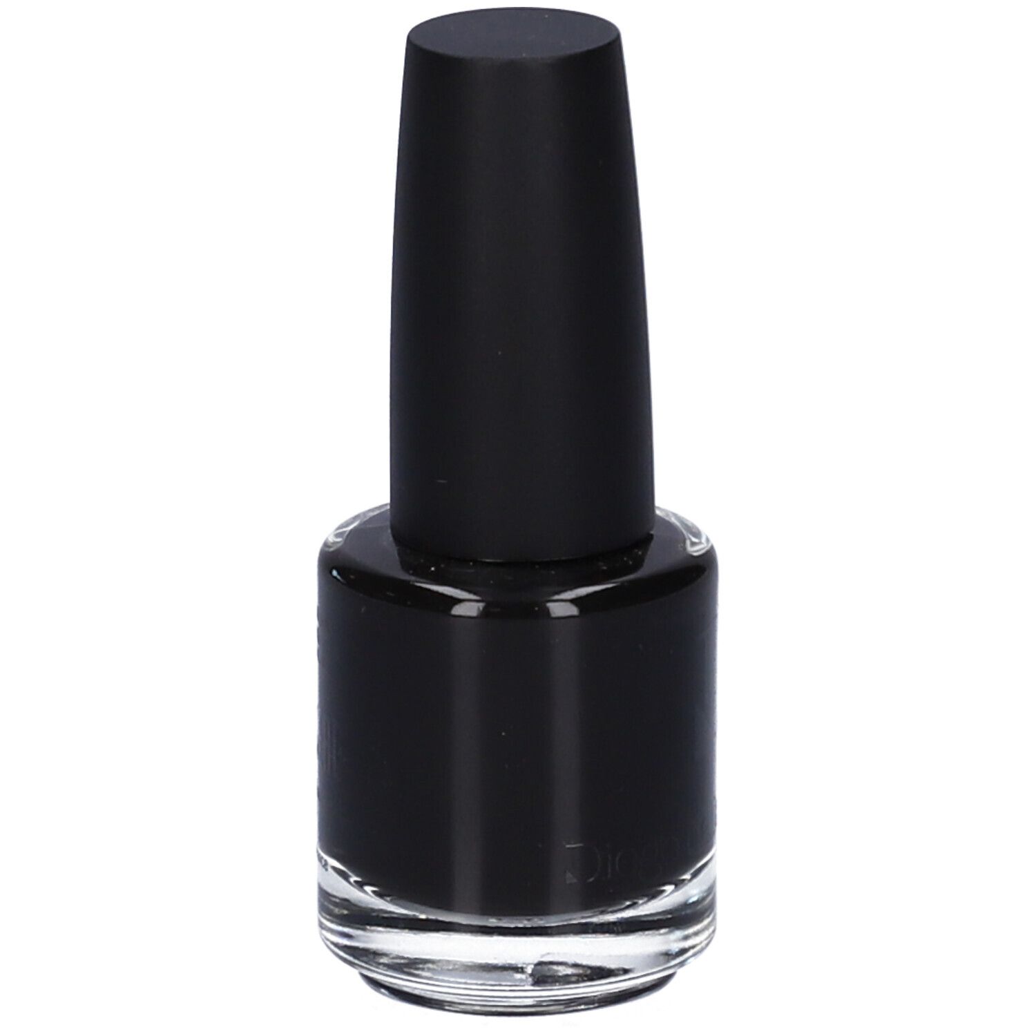 Smalto per unghie nero in bottiglia di vetro con tappo nero. Il nome del marchio è visibile.