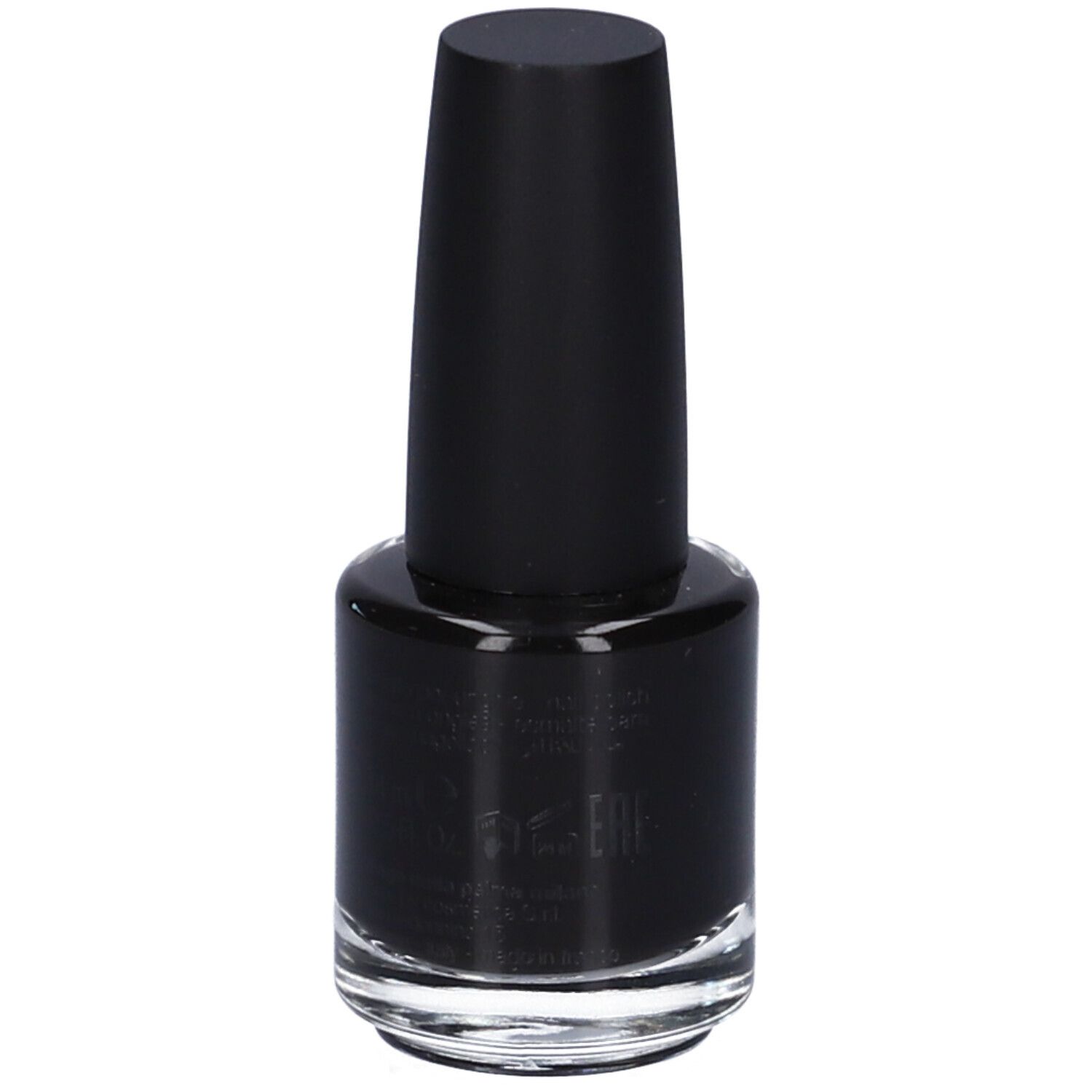 Smalto per unghie nero in bottiglia di vetro con tappo nero. Il nome del marchio è visibile.