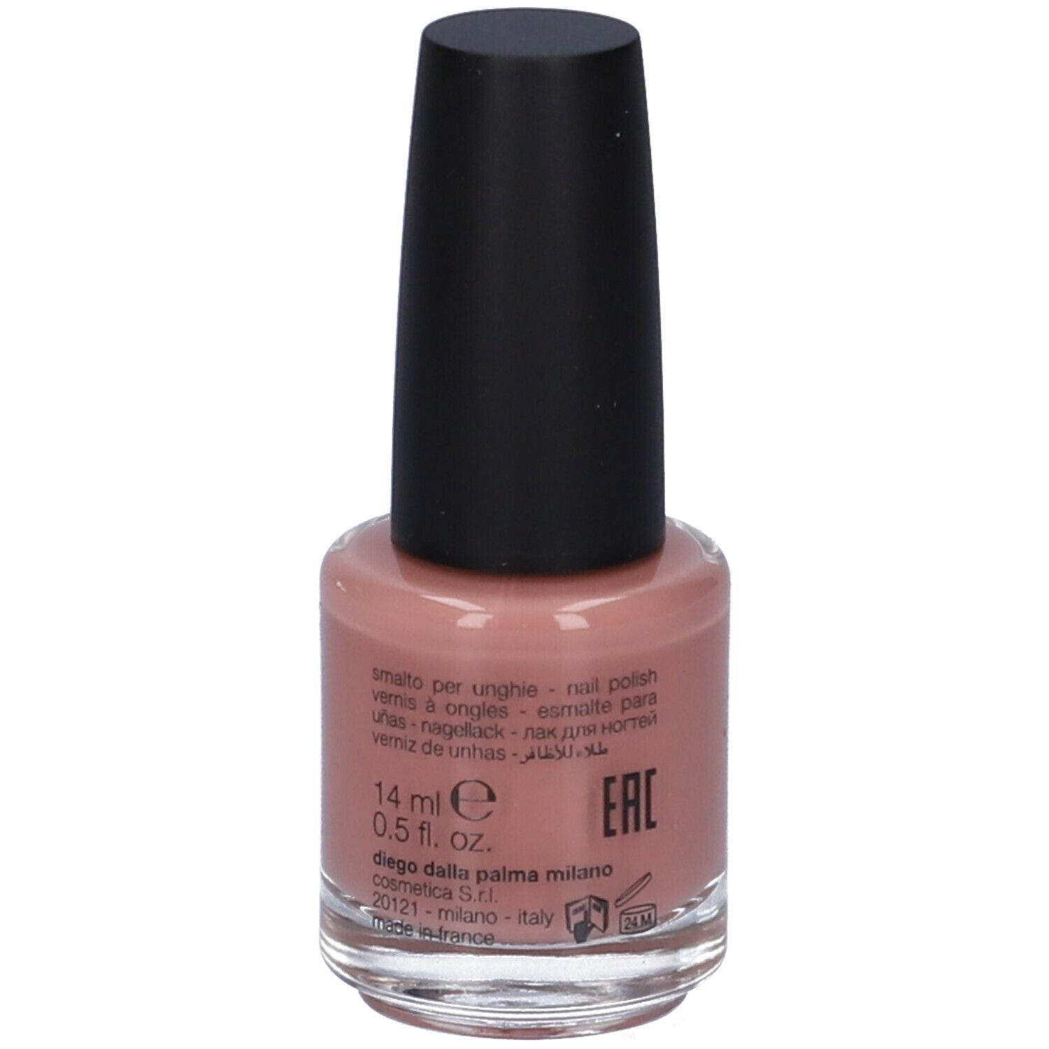 Flacone di smalto per unghie rosa con tappo nero. Scritta: 14 ml, Diego dalla Palma.