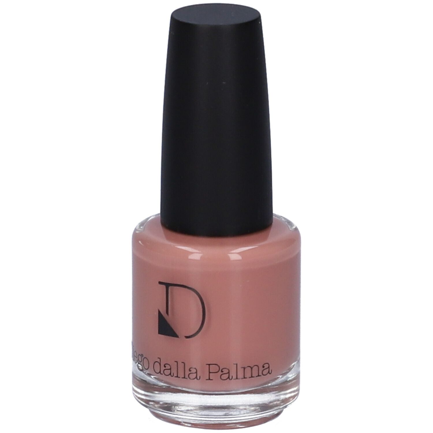 Flacone di smalto per unghie rosa con tappo nero. Marchio Diego dalla Palma.