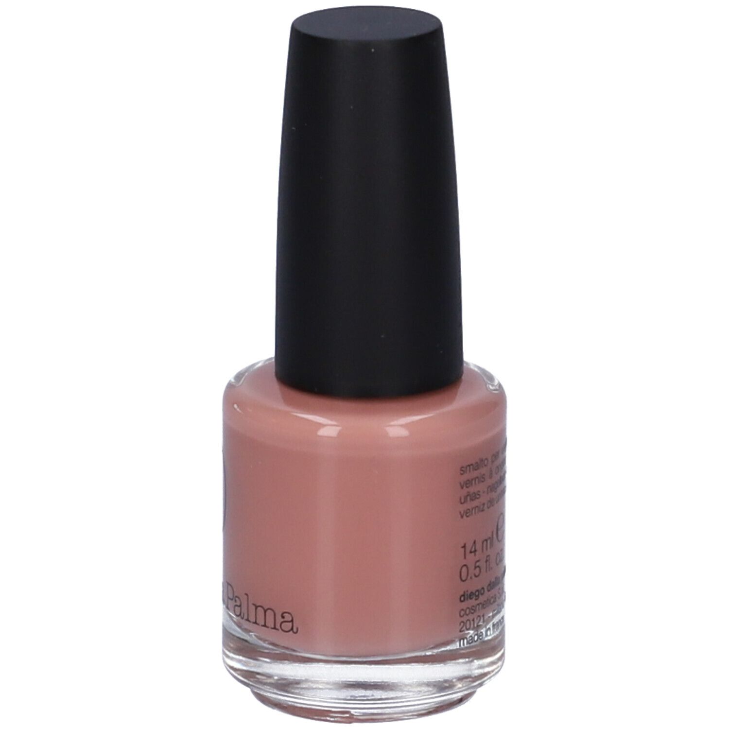 Flacone di smalto per unghie rosa con tappo nero. Scritta: 14 ml, Diego dalla Palma.